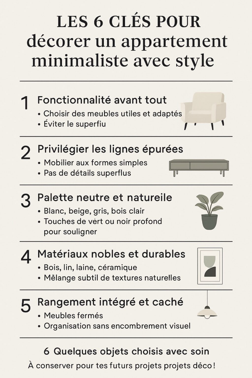 6 clés décorer appartement minimaliste infographie schéma liste