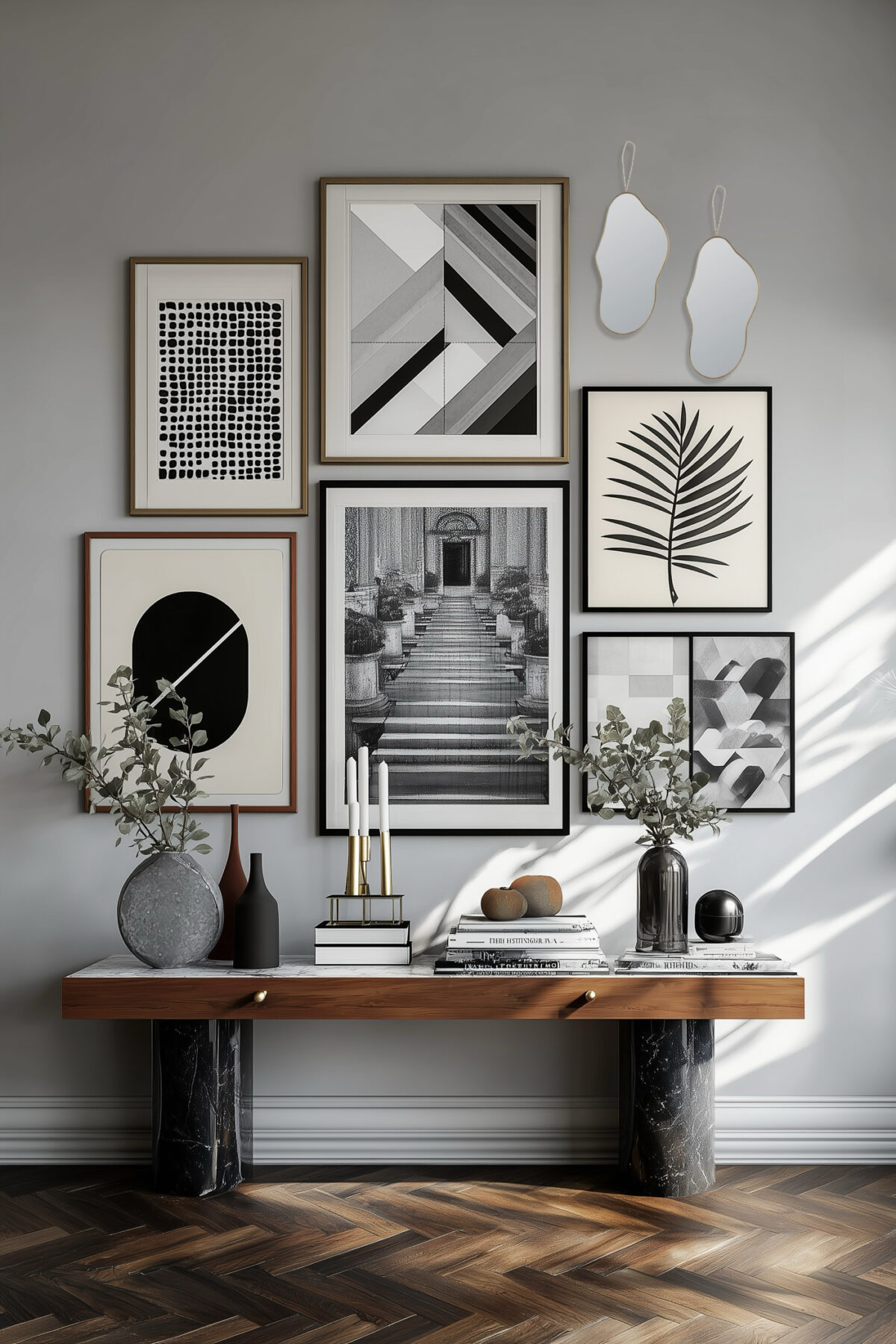 mur de cadres graphiques couloir console bois marbre