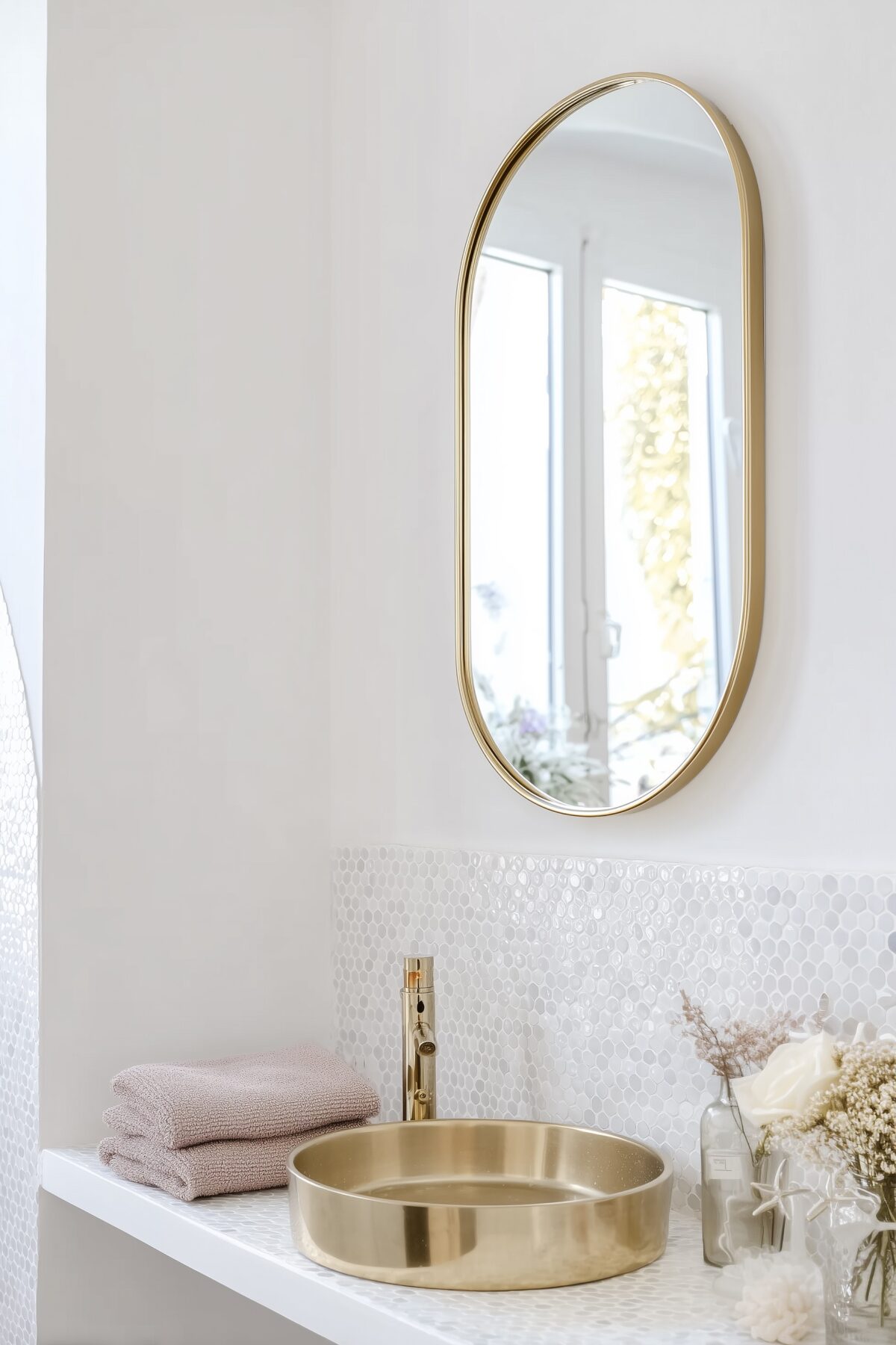 salle de bains zellige blanc hexagone vasque dorée