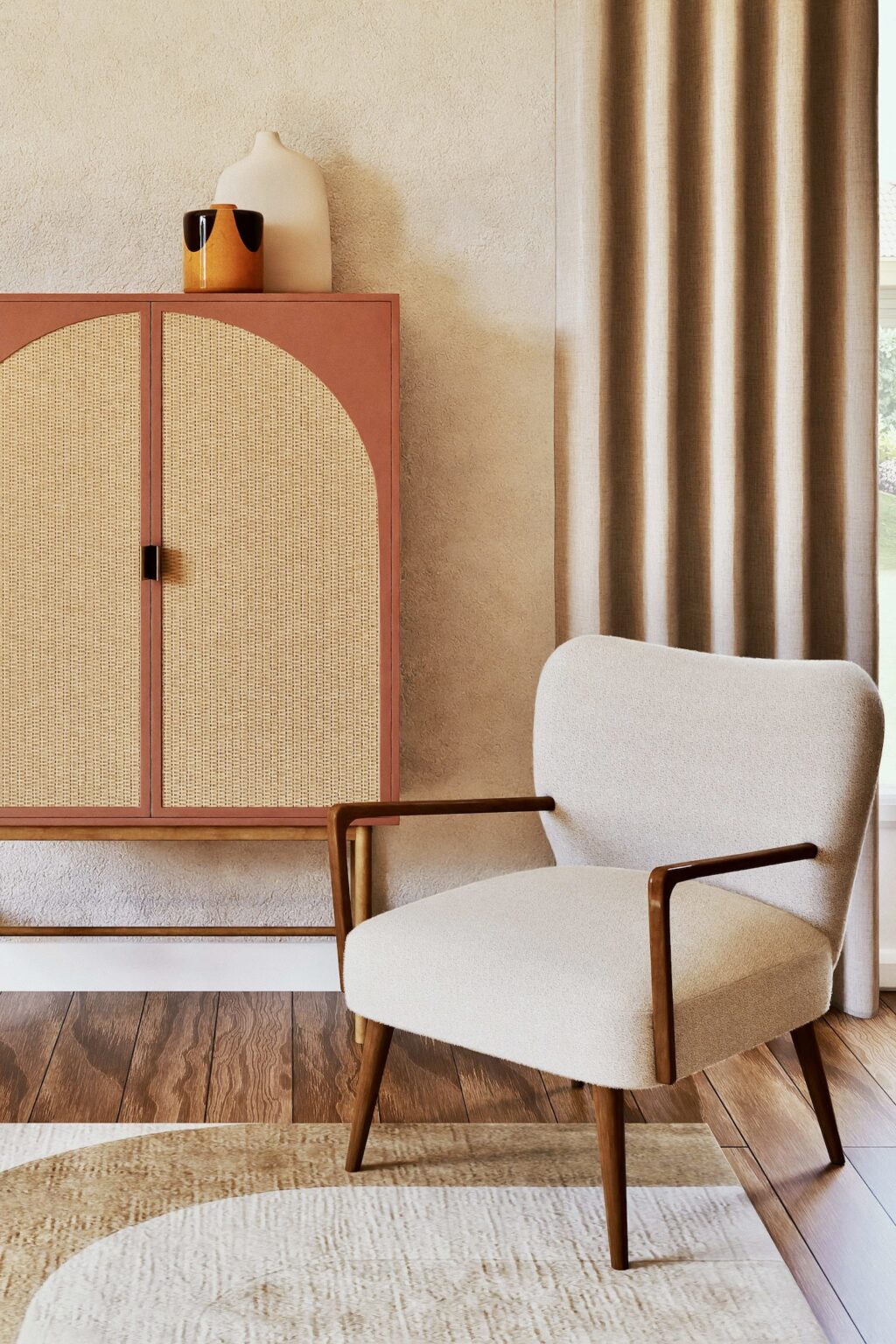 salon beige orange bois cannage buffet rétro