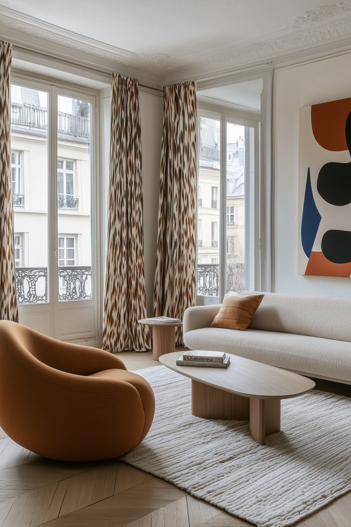 salon parisien fauteuil bouclettes orange rideaux graphiques