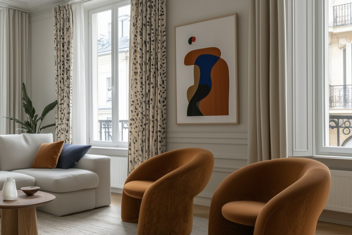 broderie déco murale graphique 3d salon fauteuil orange