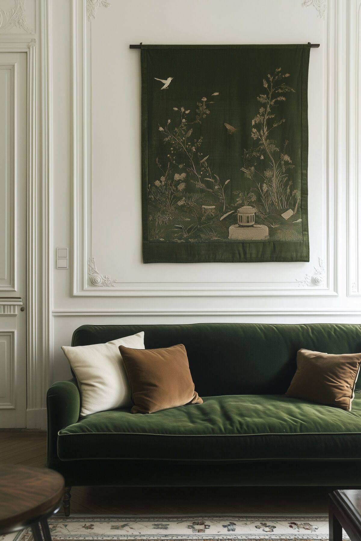 canapé velours vert coussin lin coton marron