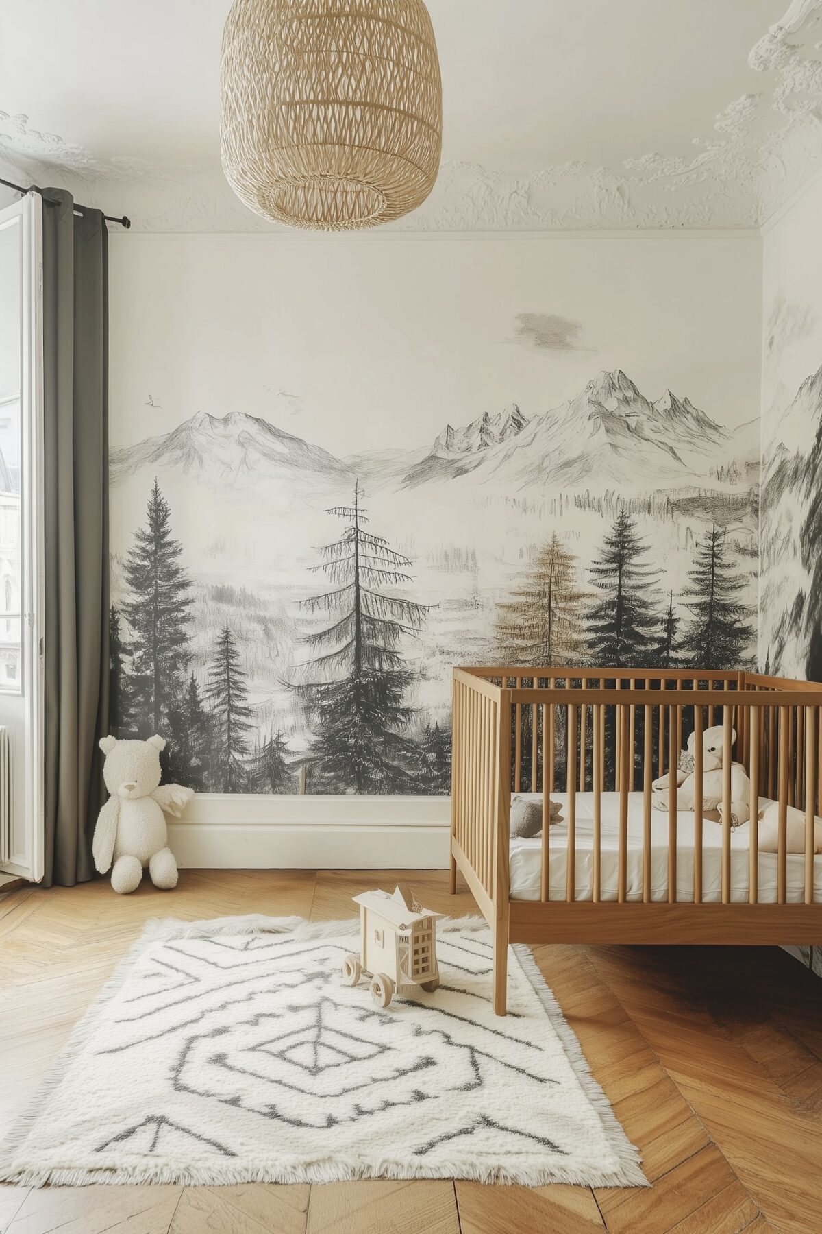 chambre bébé nourrisson thème montagne été papier-peint