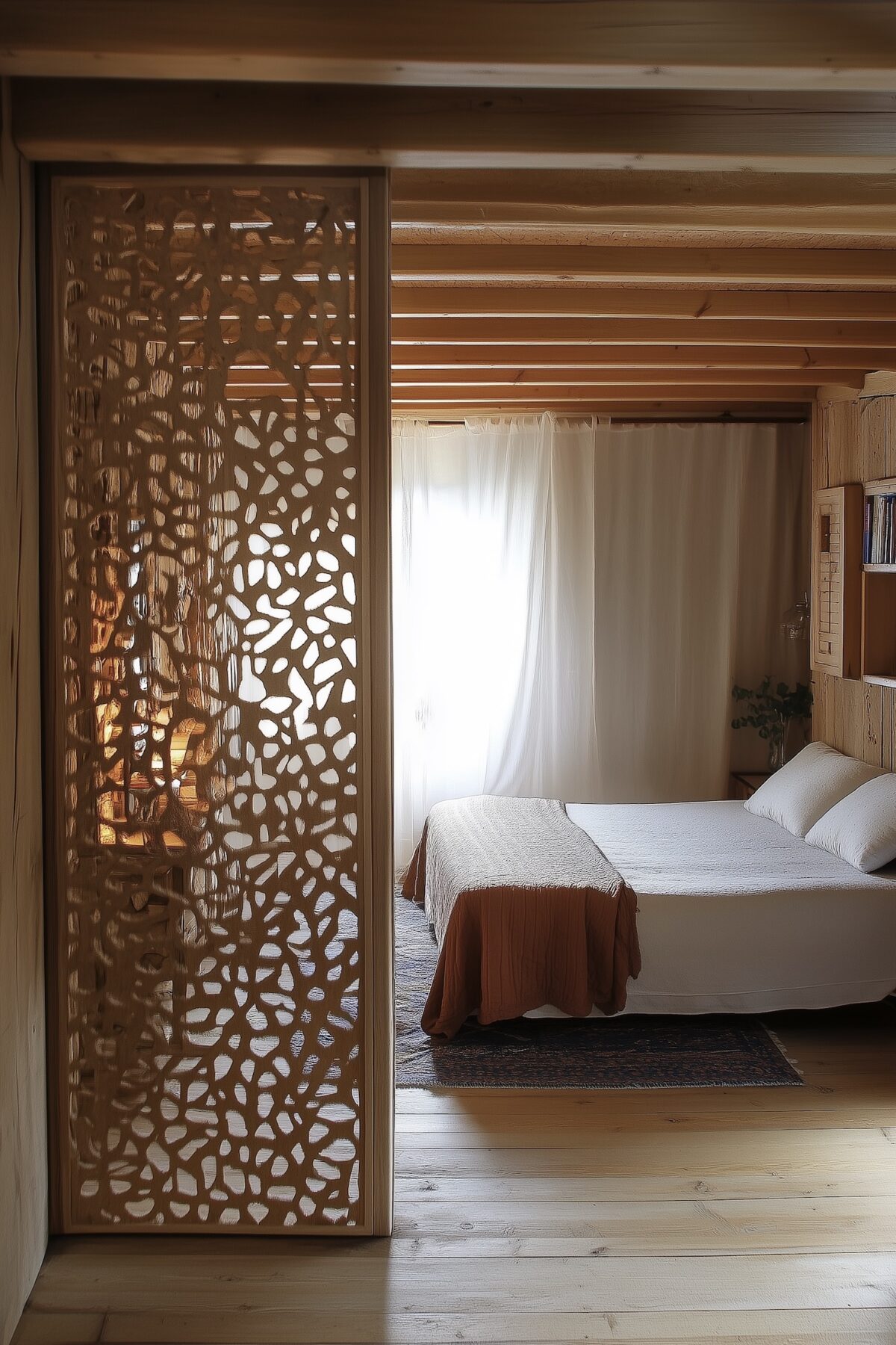 claustra cloison pivotante chambre motif feuillage