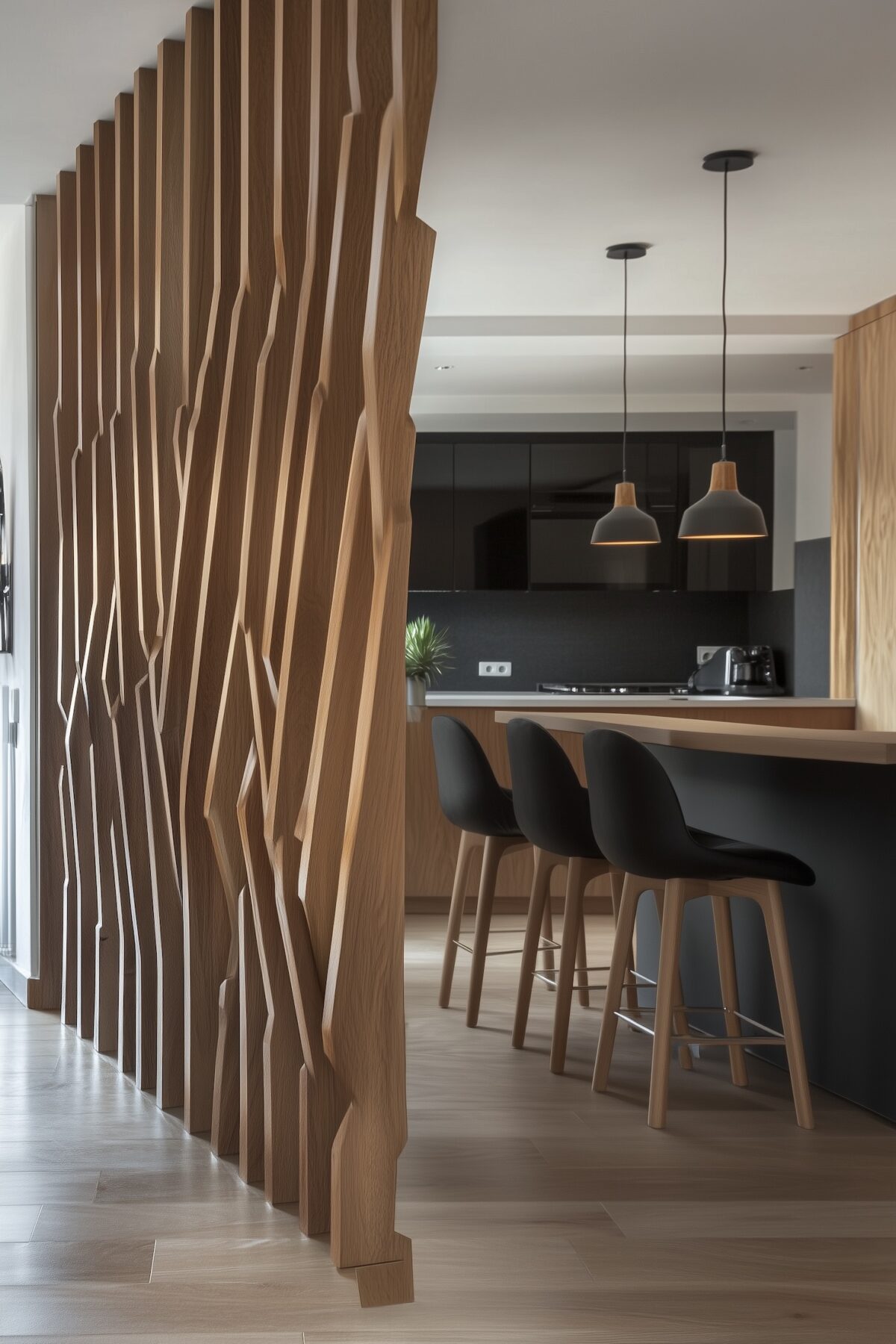 cloison amovible bois ajourée graphique cuisine bois grise