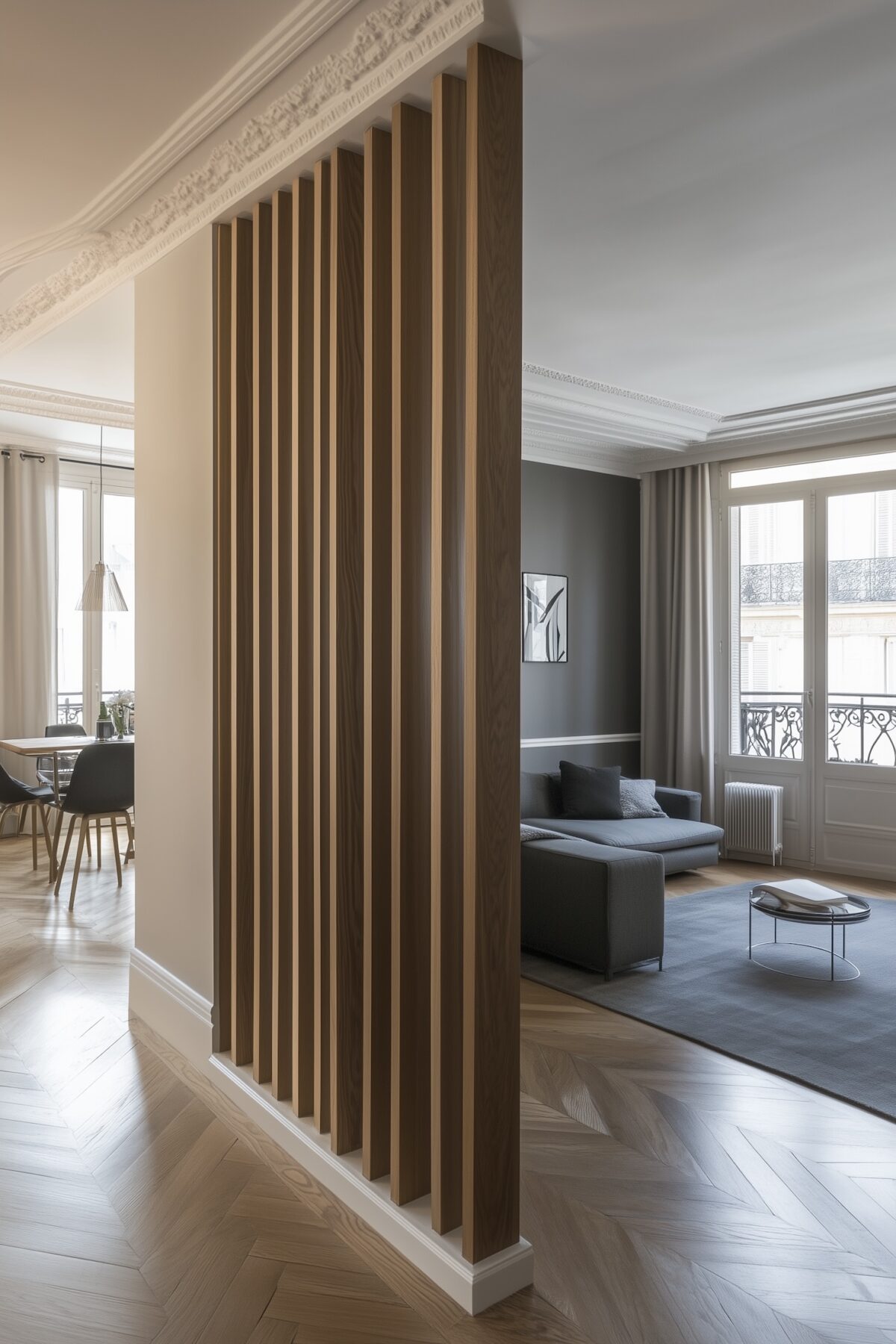 cloison amovible tasseaux bois entrée salon