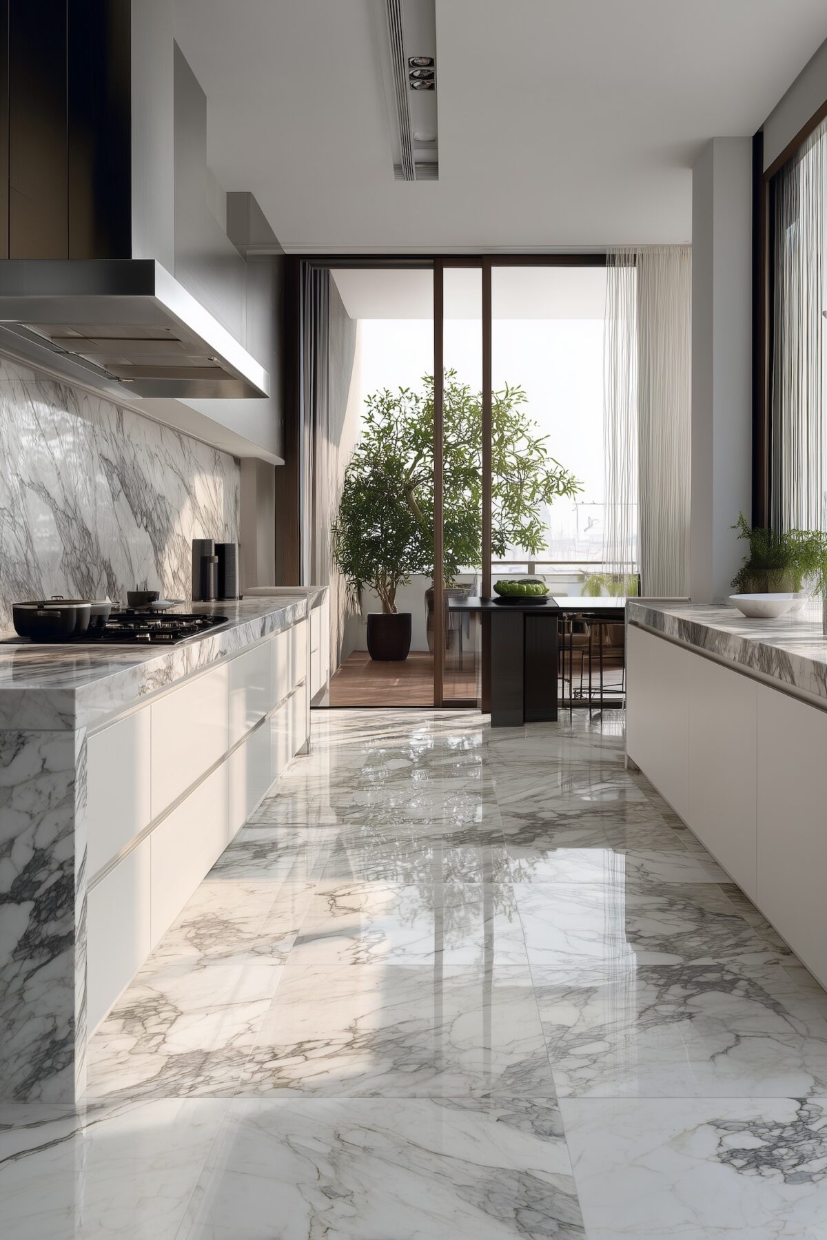 cuisine moderne lumineuse marbre blanc gris plante terrasse