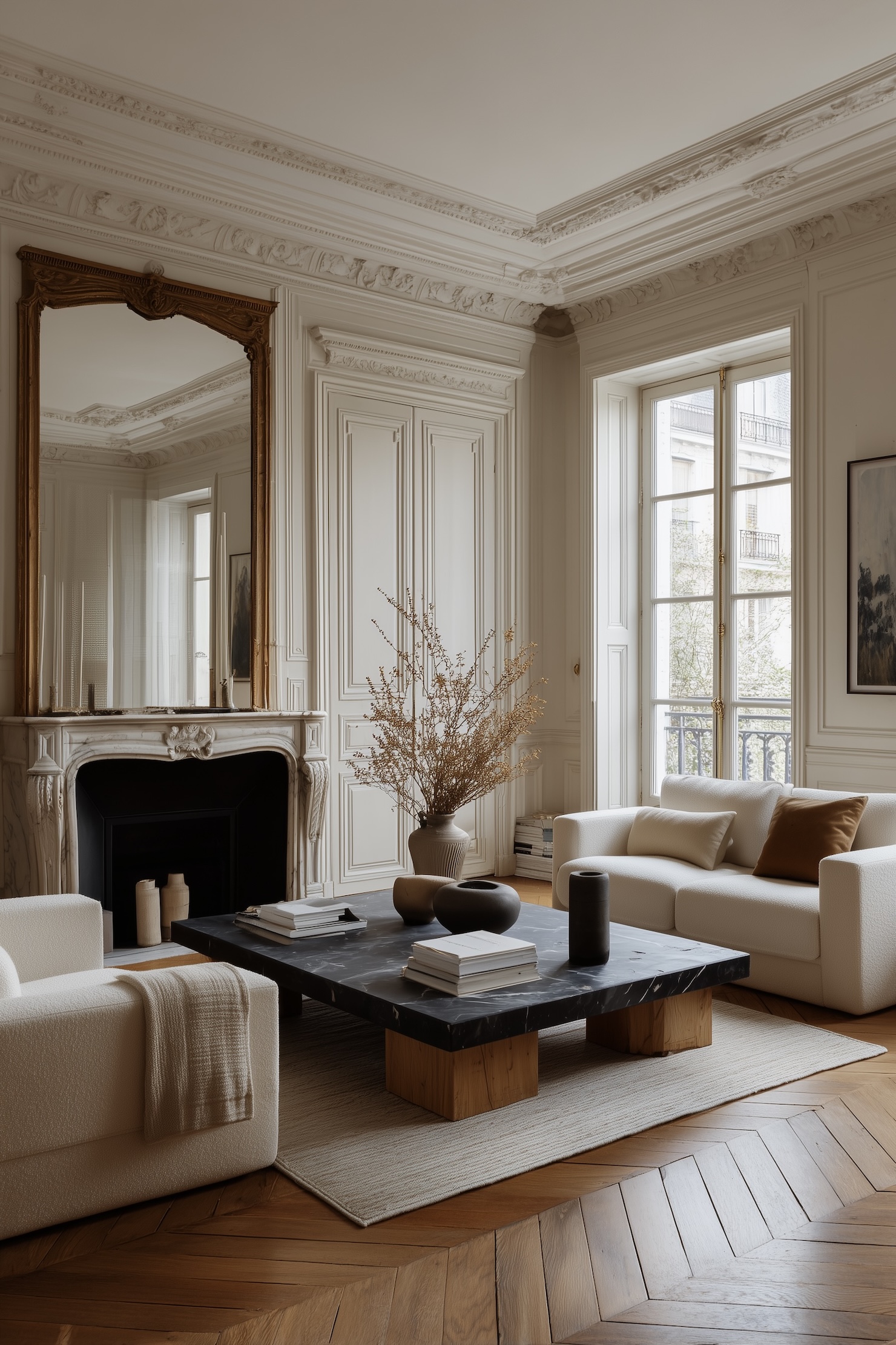 rénovation appartement haussmannien salon bois marbre chevron beige