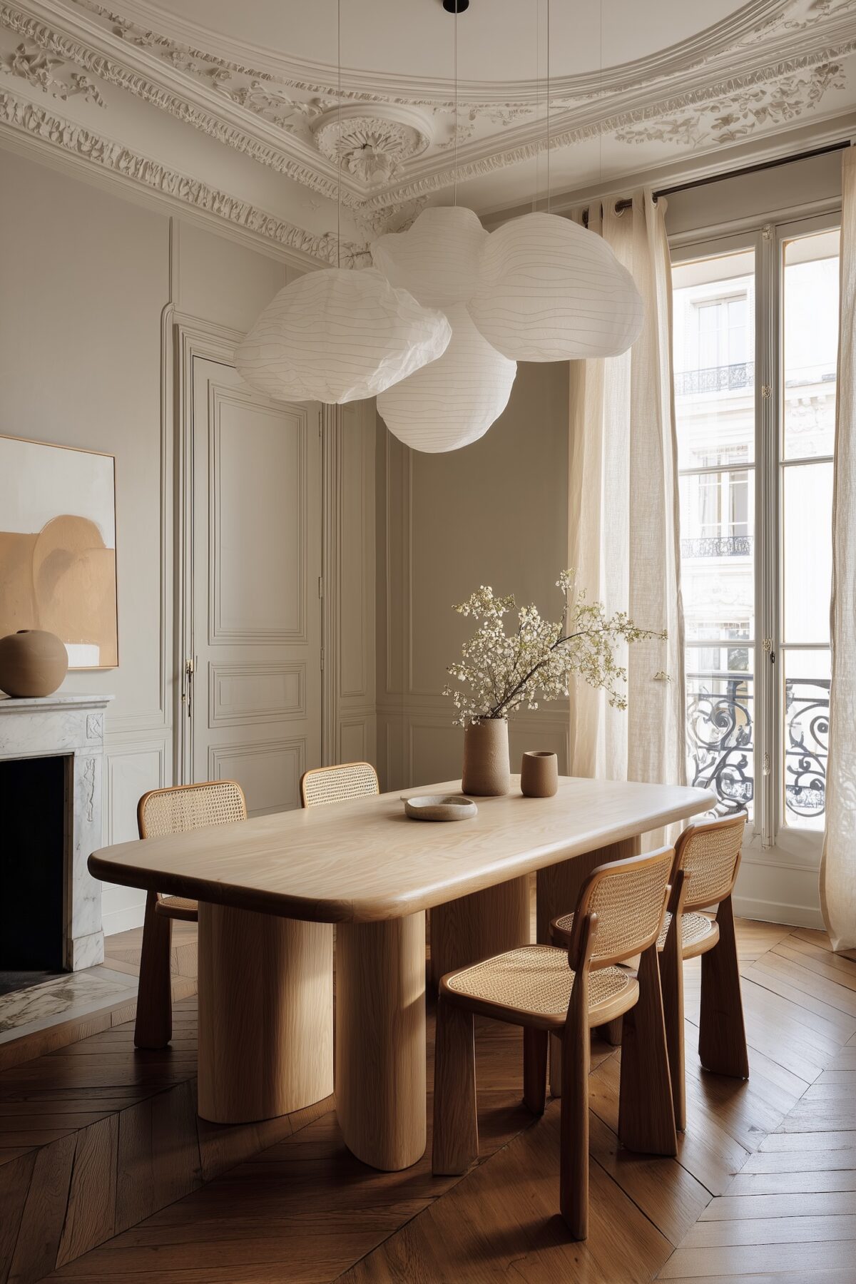 salle à manger suspension nuage table bois cannage