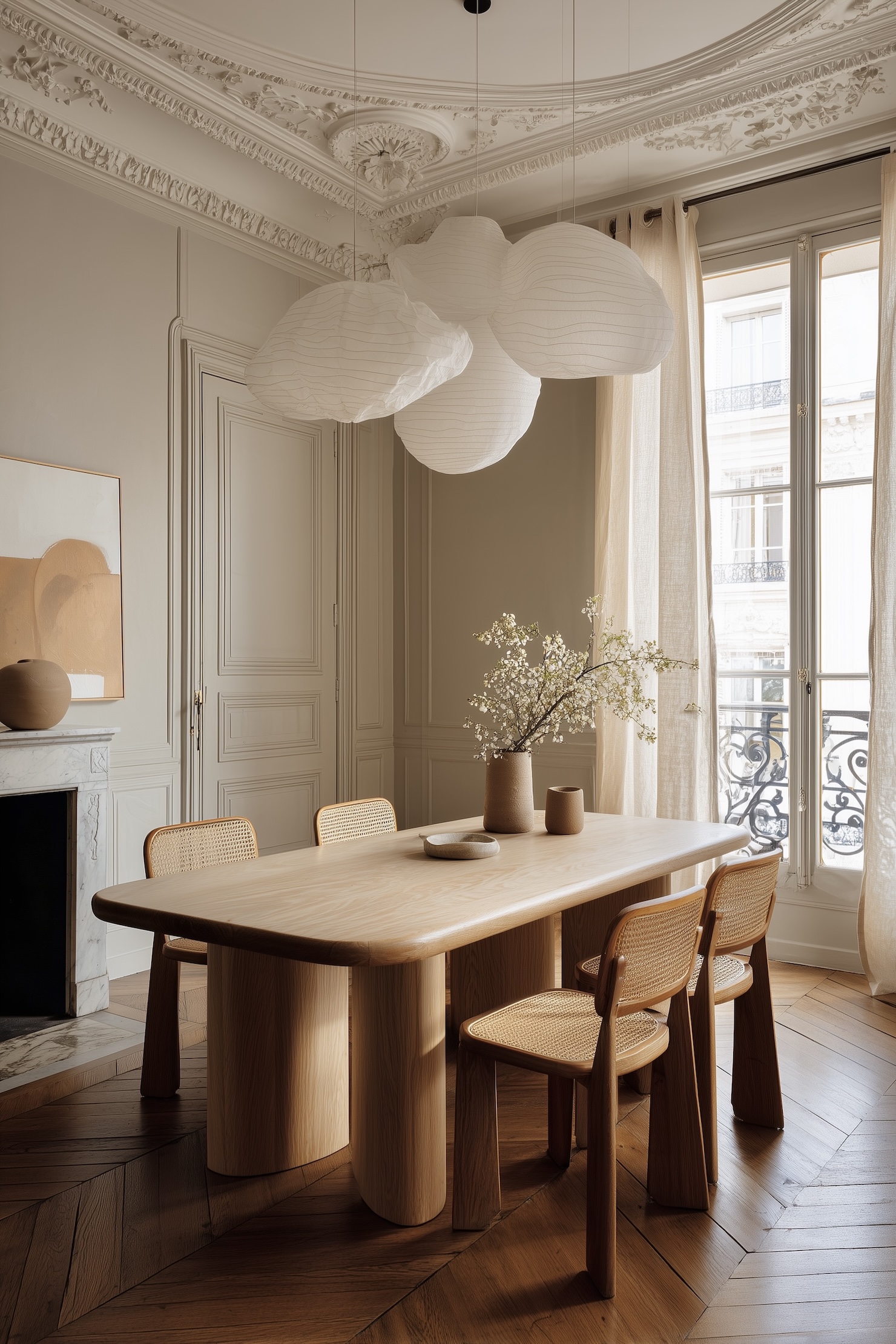 salle à manger suspension nuage table bois cannage