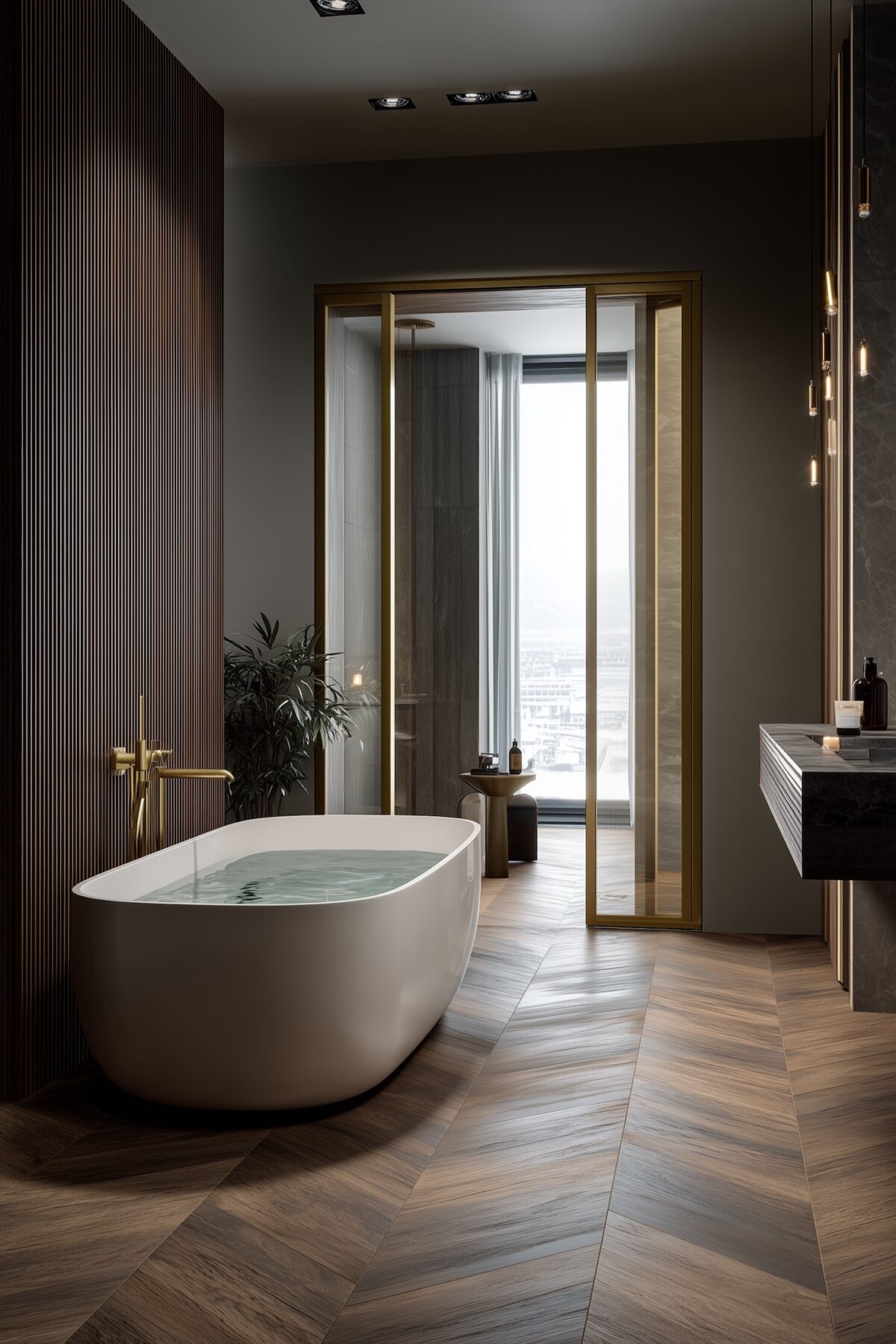 salle de bain bois chevron parement doré