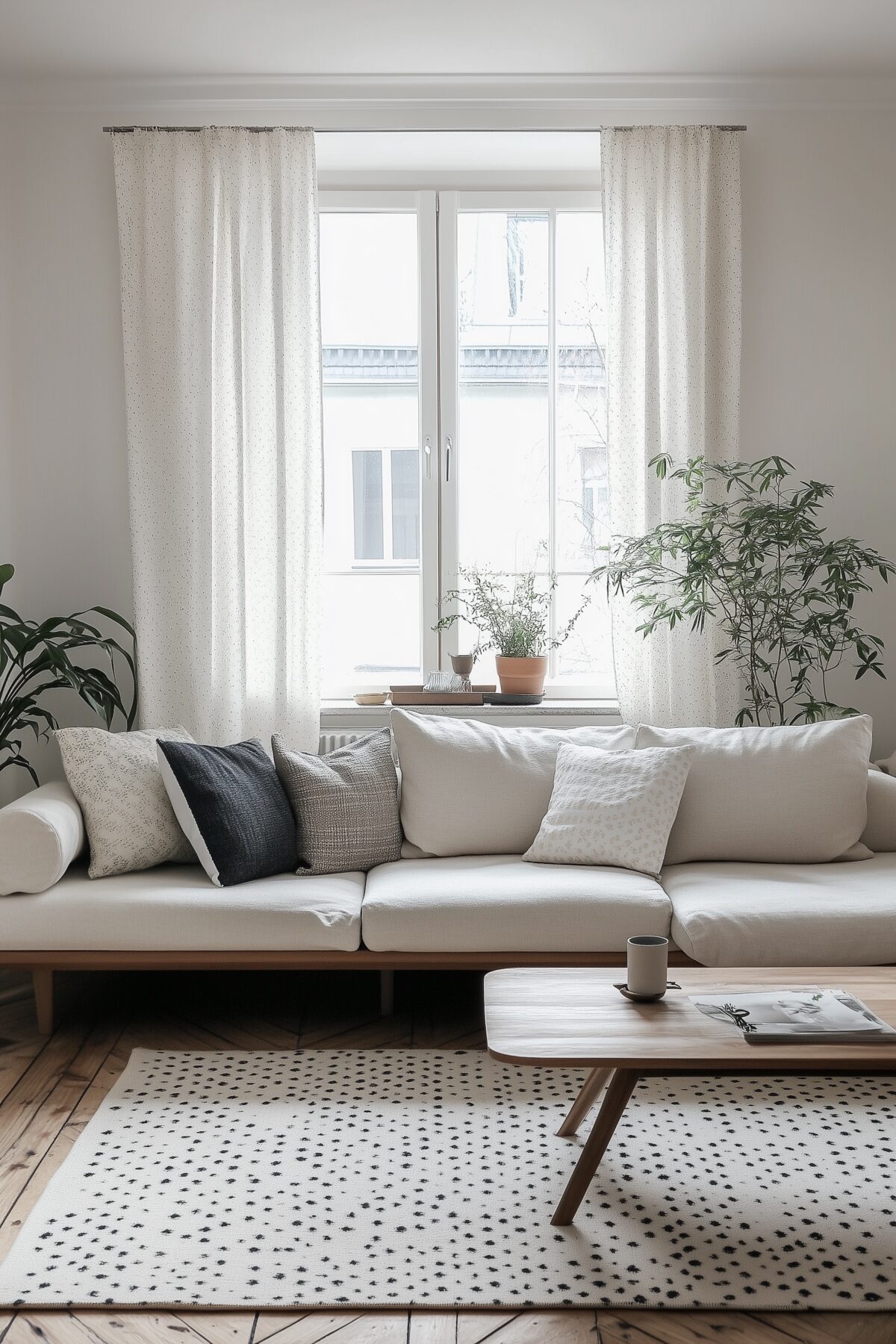 salon déco noir blanc canapé mid-century modern