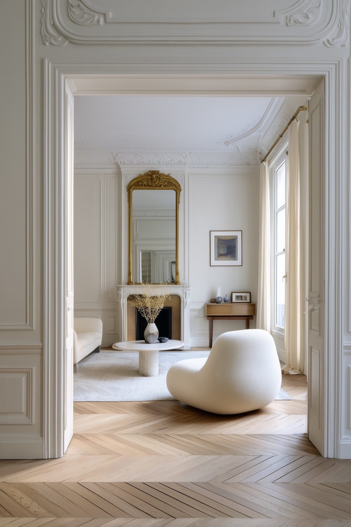 salon parisien classique parquet point de Hongrie miroir doré cheminée