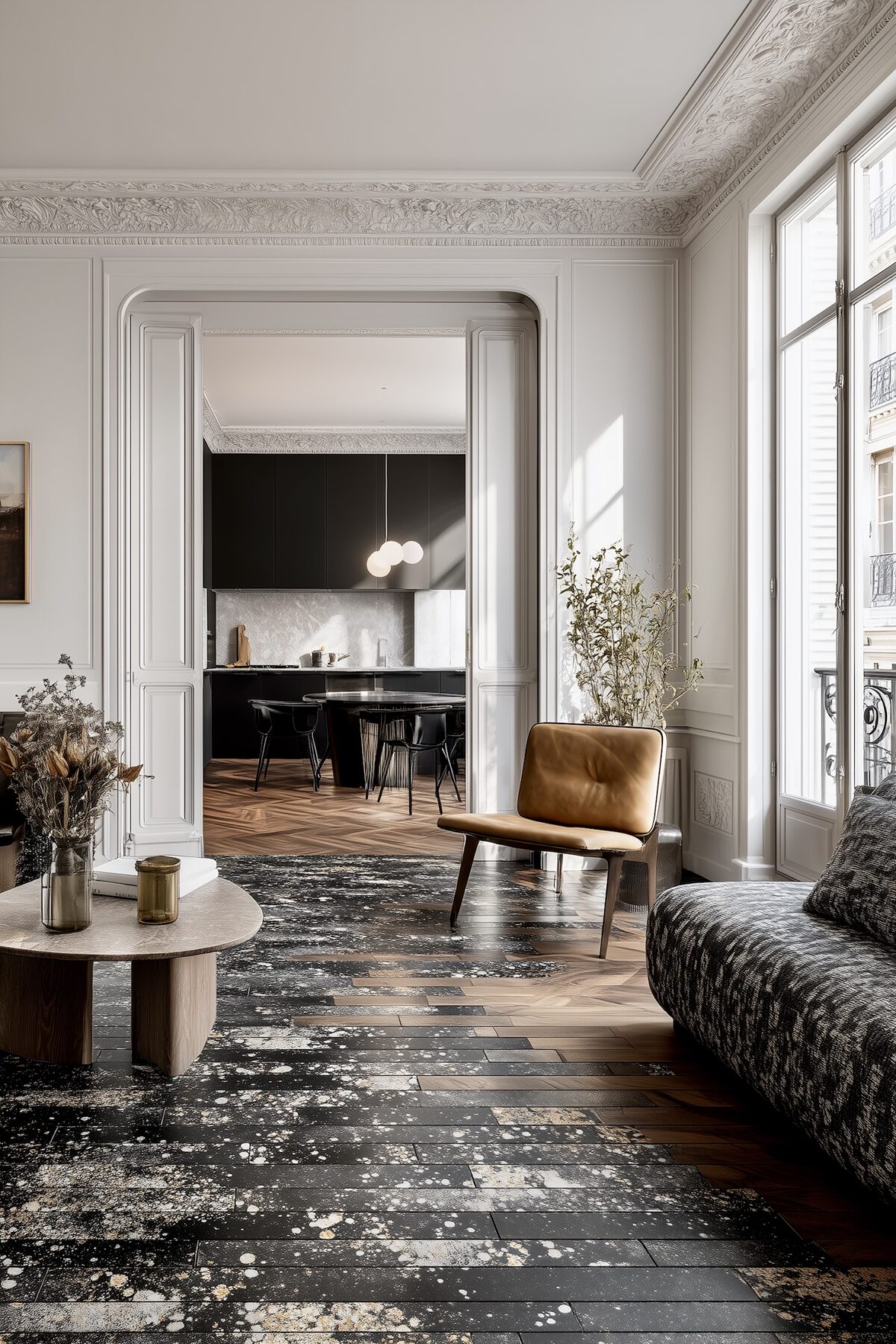 salon parisien haussmannien sol mélange parquet marbre