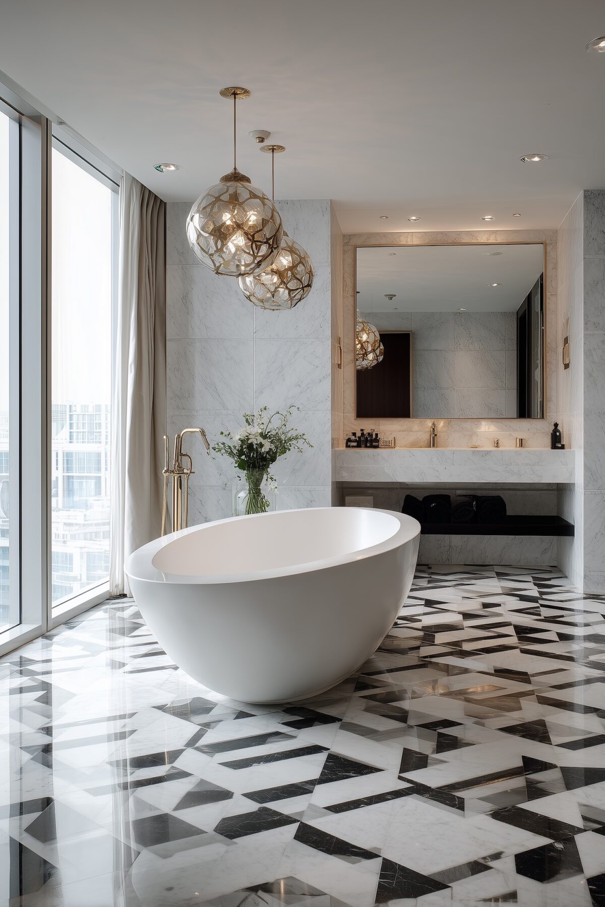 tendances couleurs sols salle de bain marbre noir blanc motif graphique