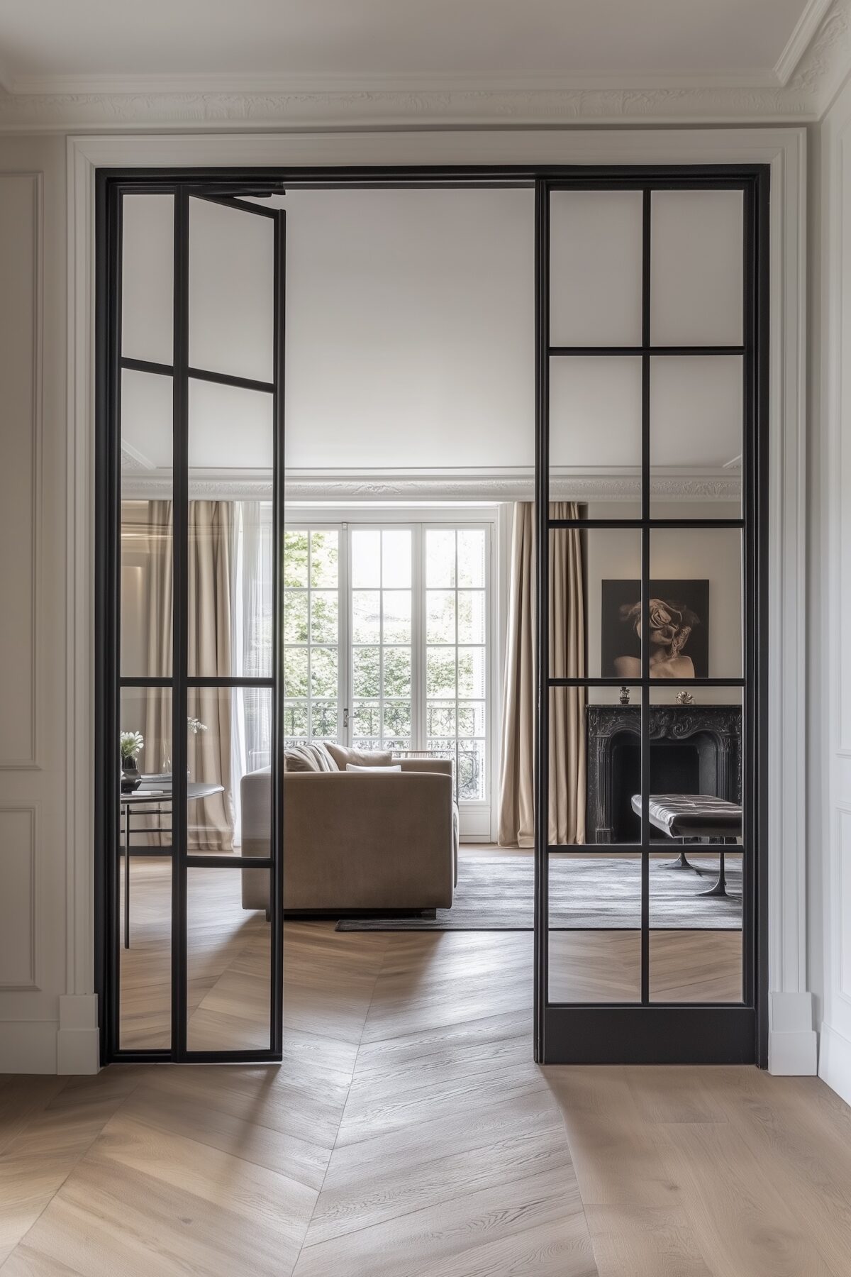 verrière entrée salon maison 1900 parquet chevron