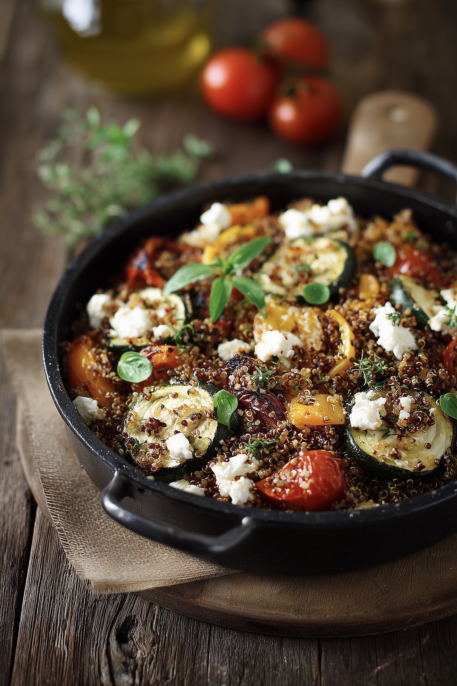 Gratin quinoa courgette poivron rotis feta