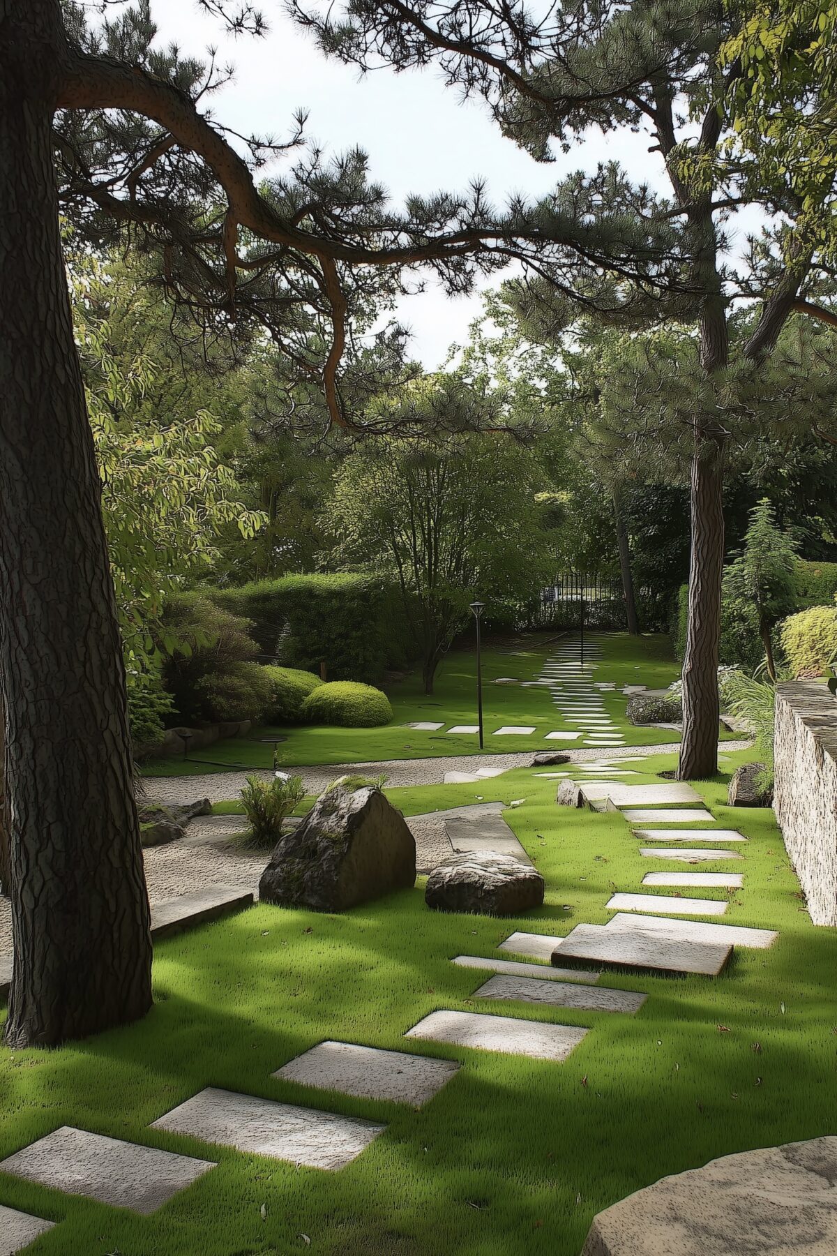 aménagement jardin pente pelouse pas japonais