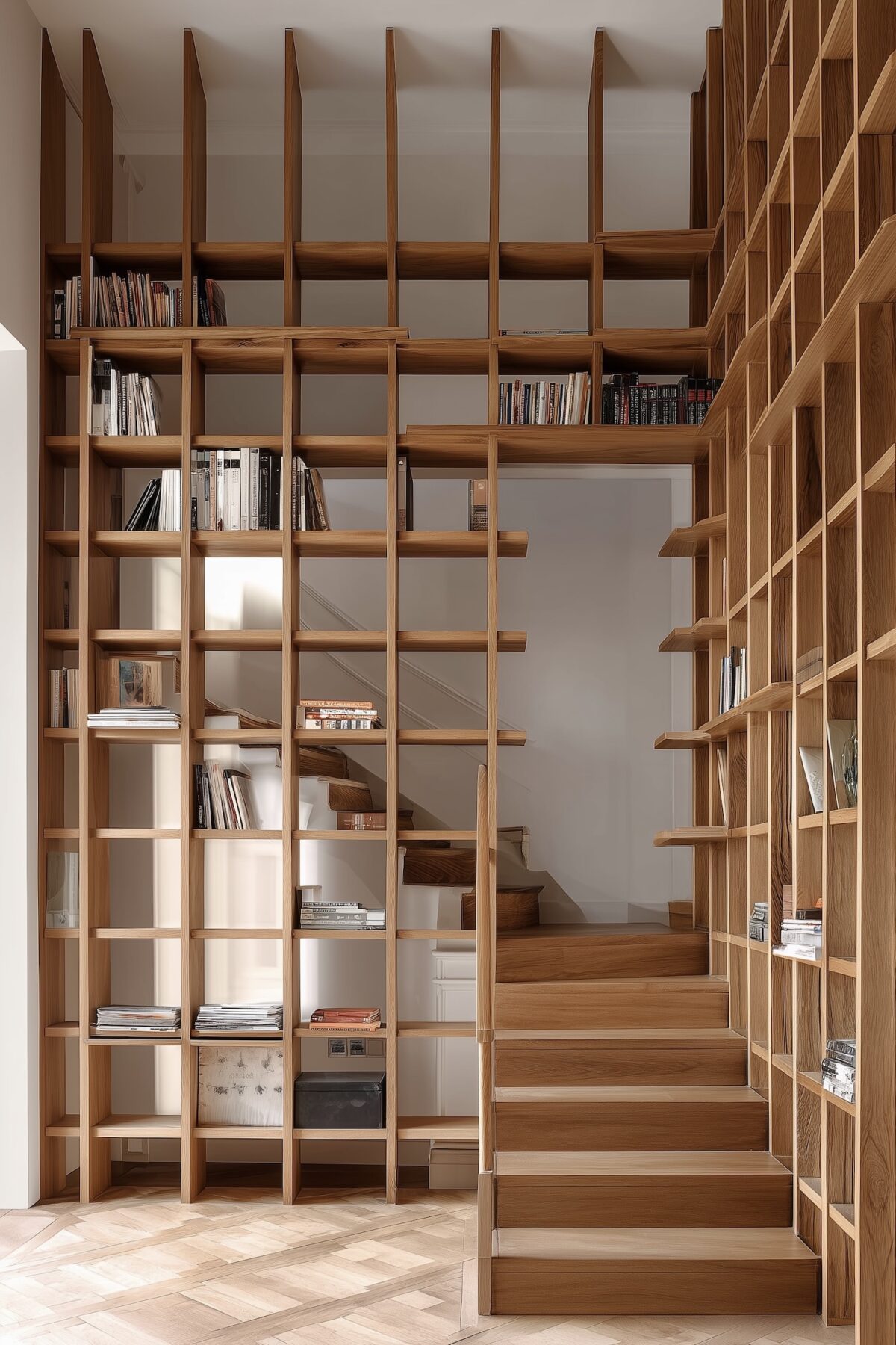 bibliothèque ajourée cloison salon escalier claustra