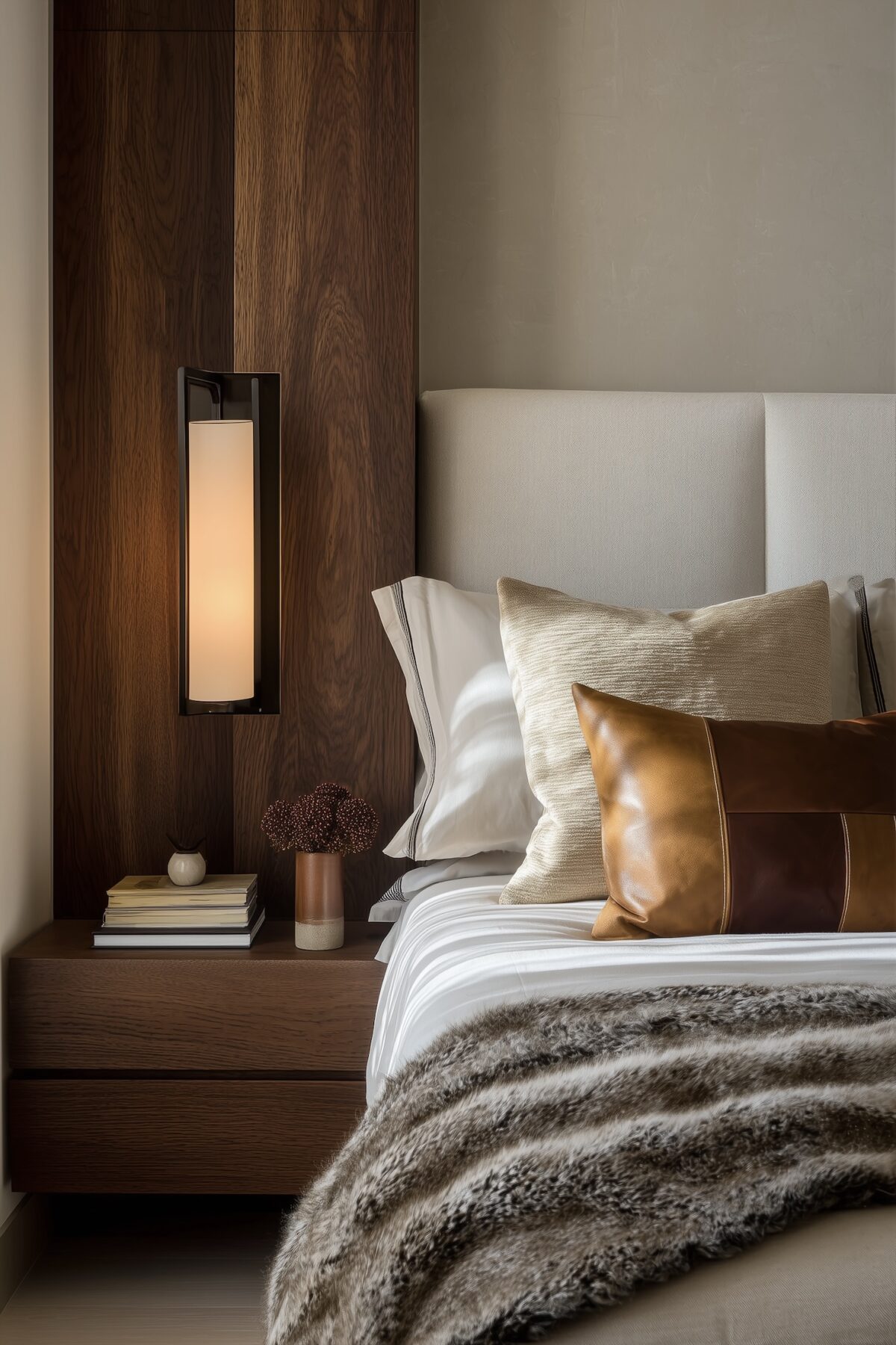 chambre bois lin cuir décoration chic