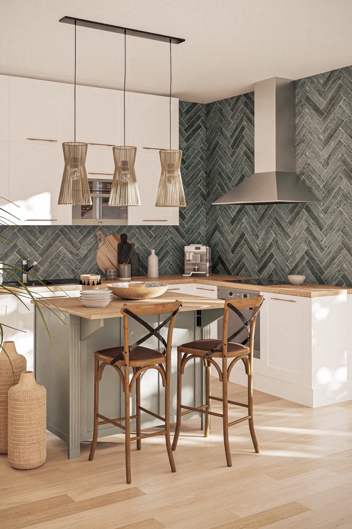 cuisine blanche carrelage vert eau chevron zig zag