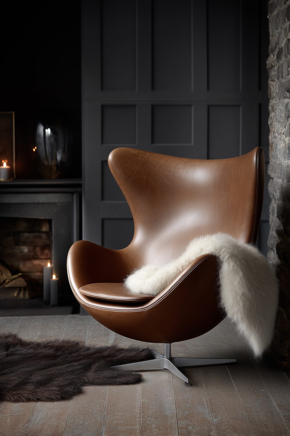 mur bois gris fauteuil Jacobsen Egg