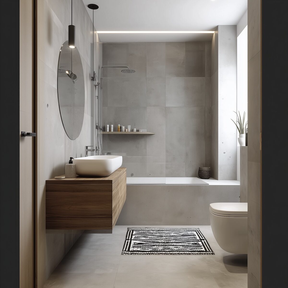 salle de bains carrelage effet béton meuble vasque bois