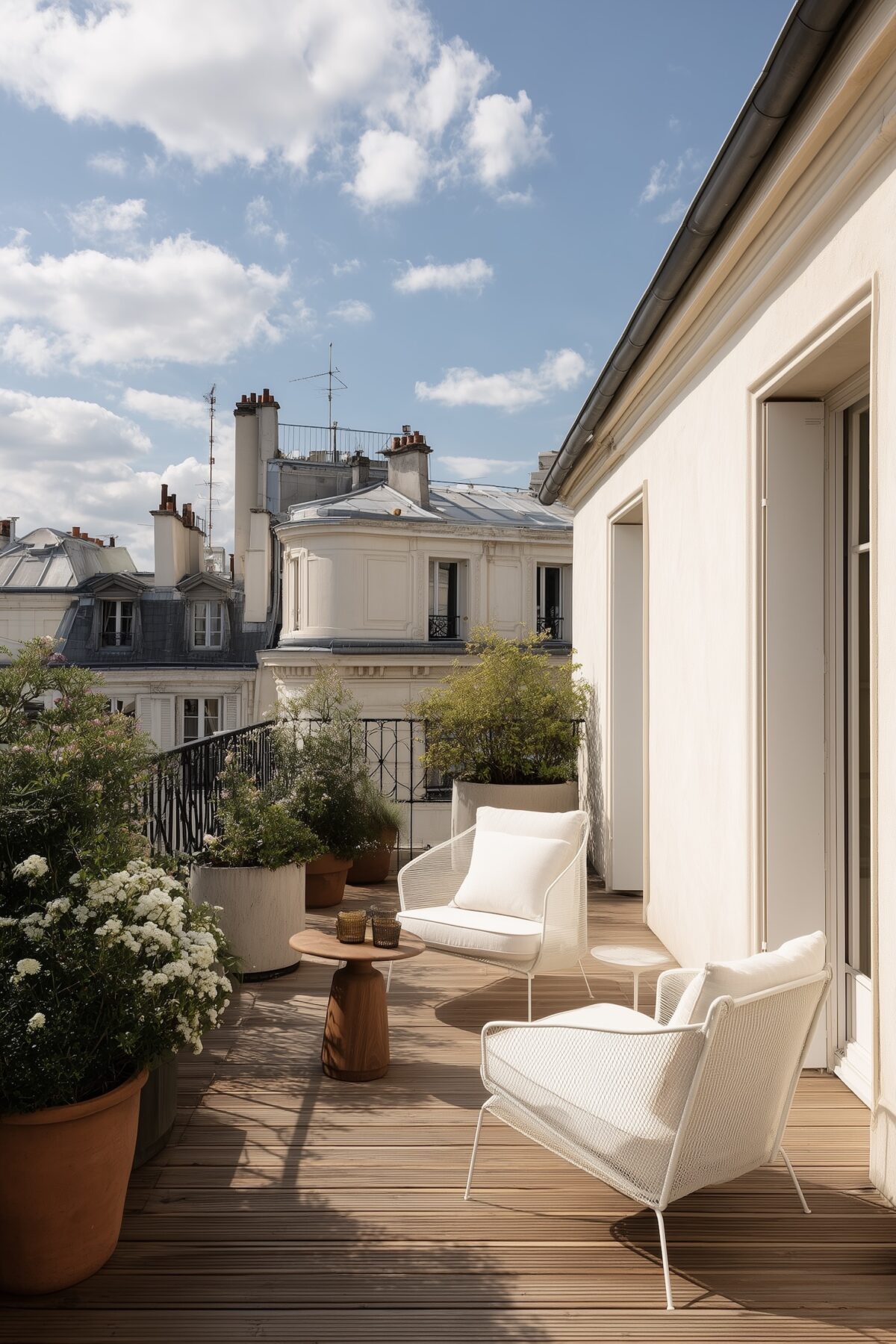 aménagement terrasse bois mobilier métal blanc rooftop Paris