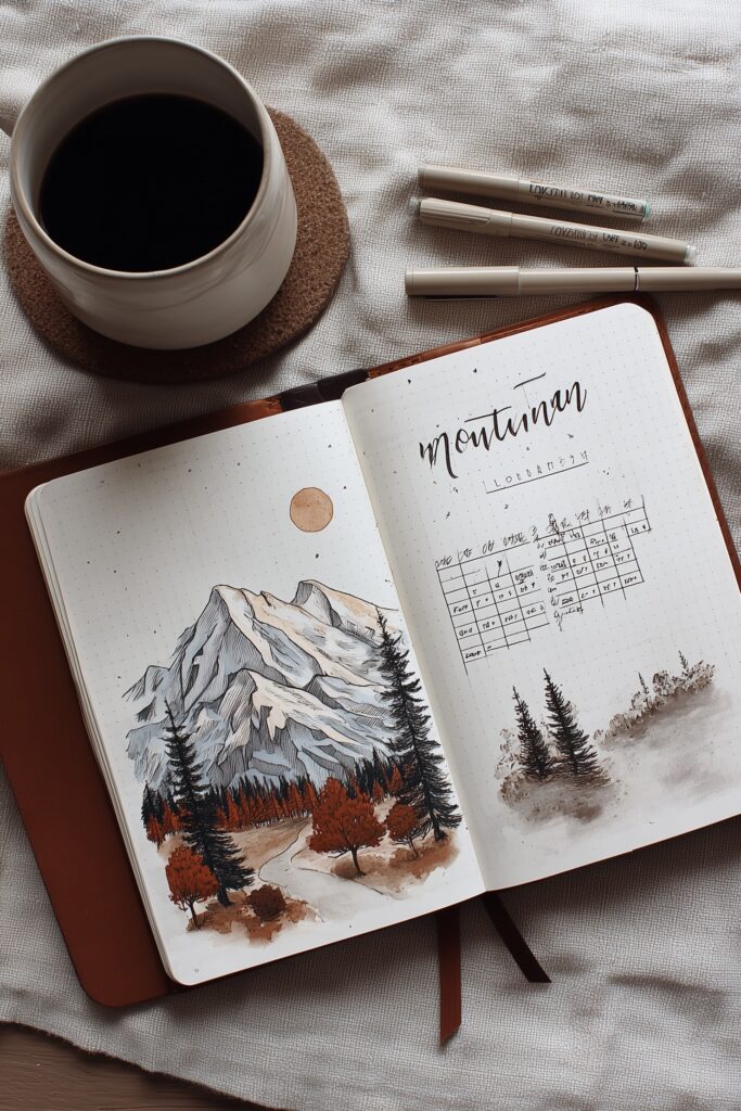 calendrier bullet journal 2026 thème montagne dessin