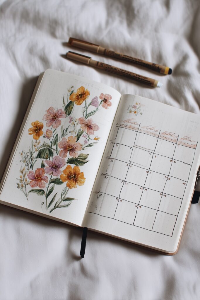 calendrier mensuel bullet journal thème fleurs roses