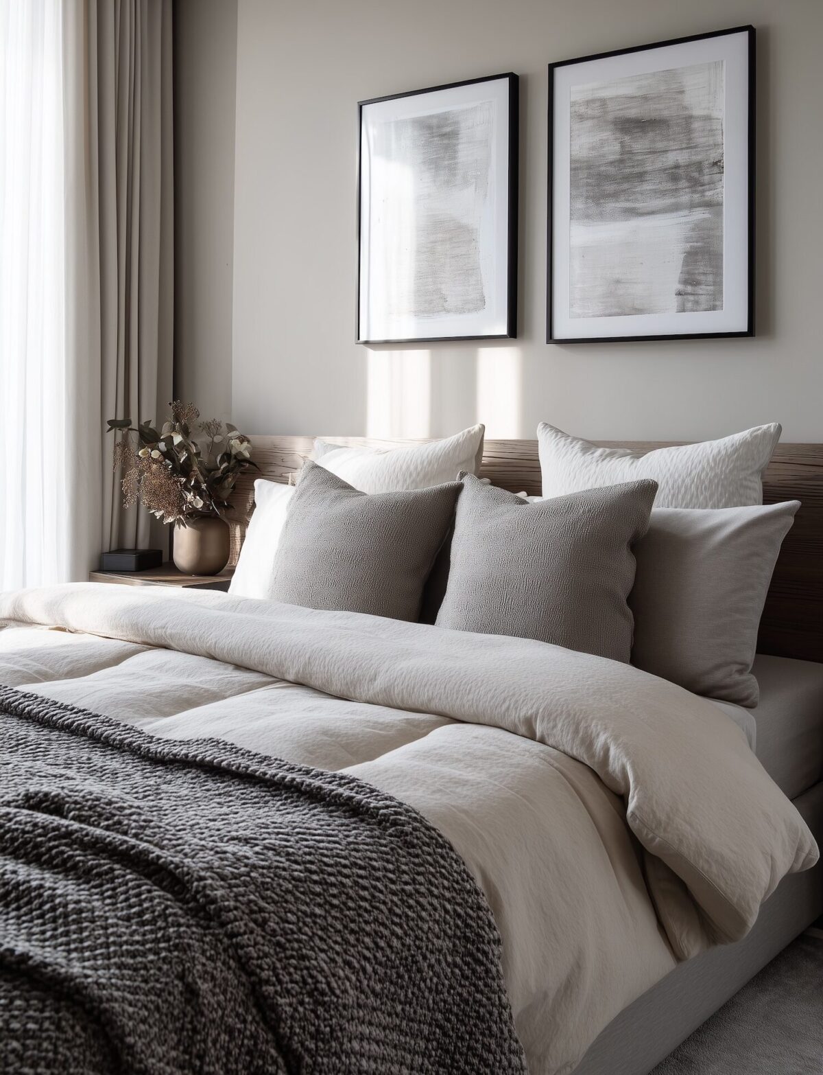 chambre adulte mur beige draps gris lit bois brut