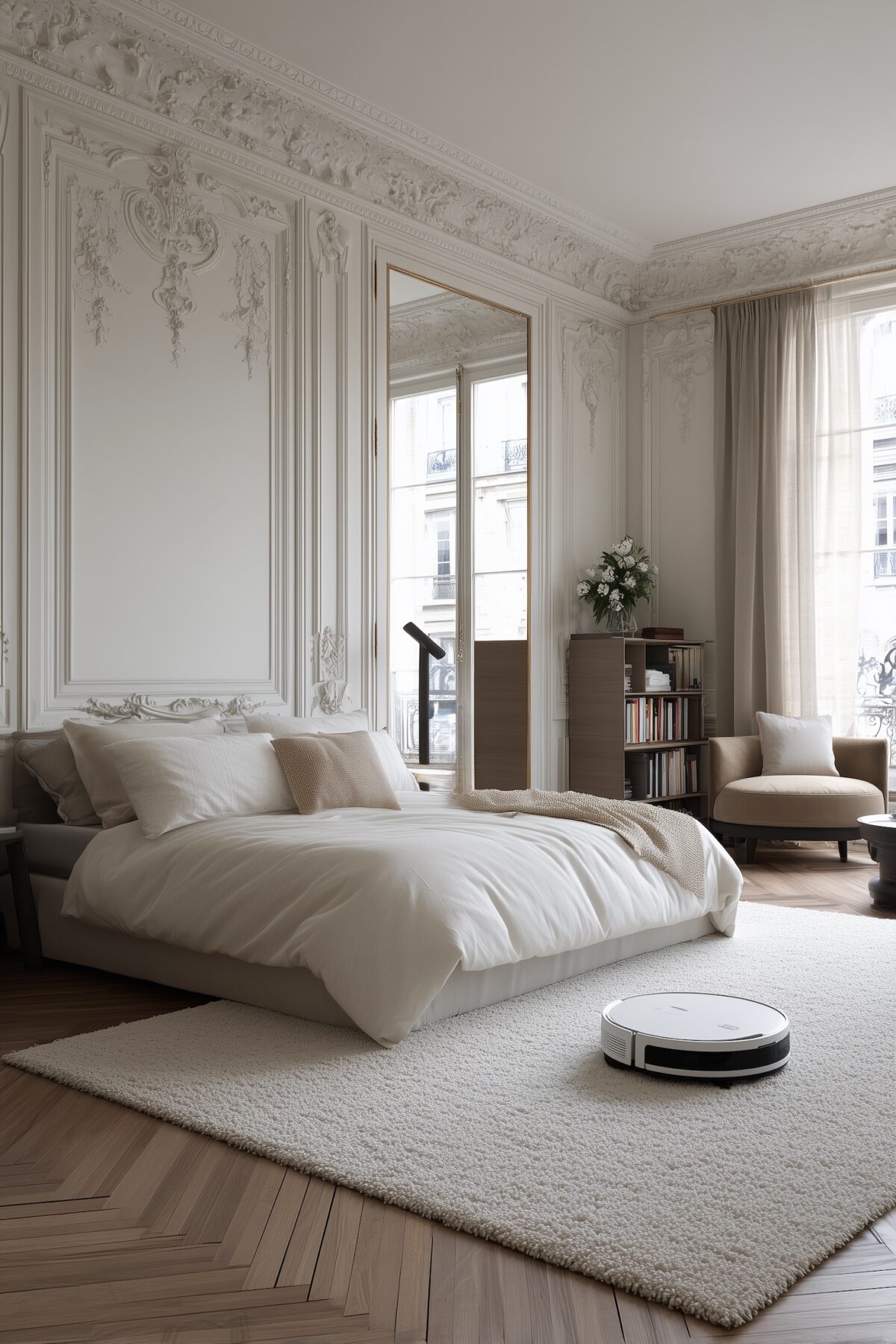 chambre blanche appartement Haussmann haut plafond