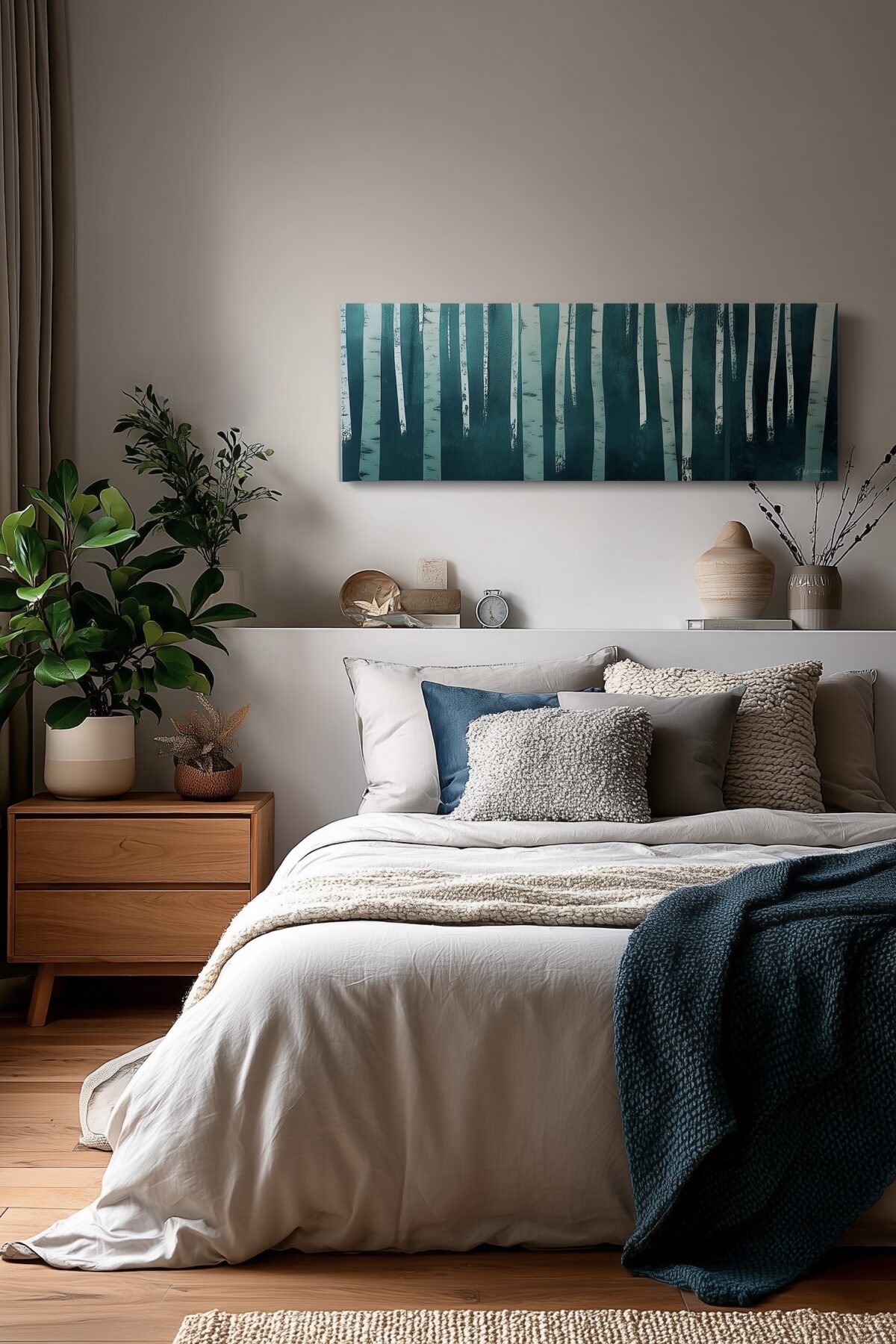 chambre japandi tons neutres détail bleu aqua