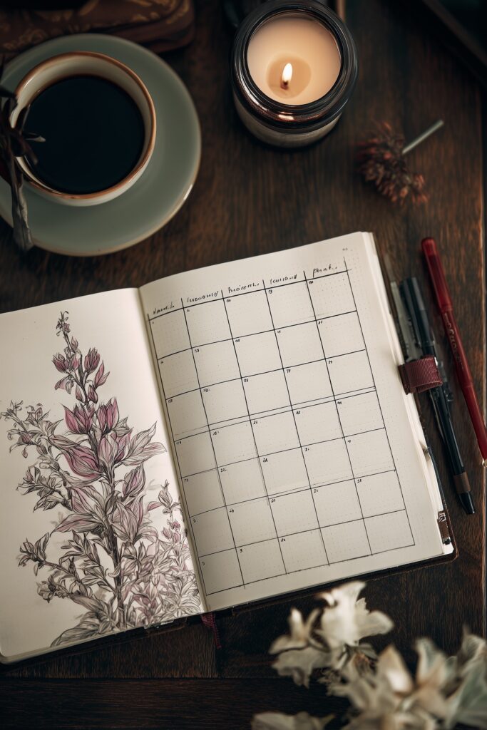 idée drawing bullet journal calendrier mensuel fleurs