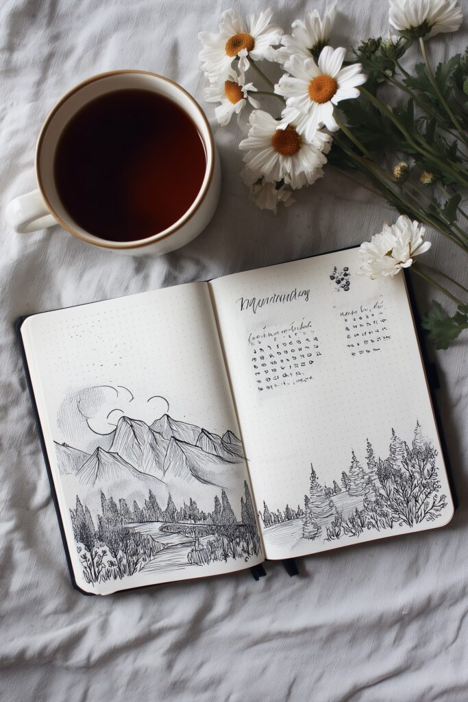 idée drawing bullet journal montagne sketch noir et blanc