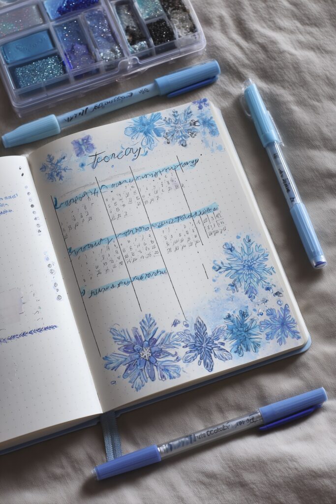 monthly log bullet journal thème cristaux de glace flocon