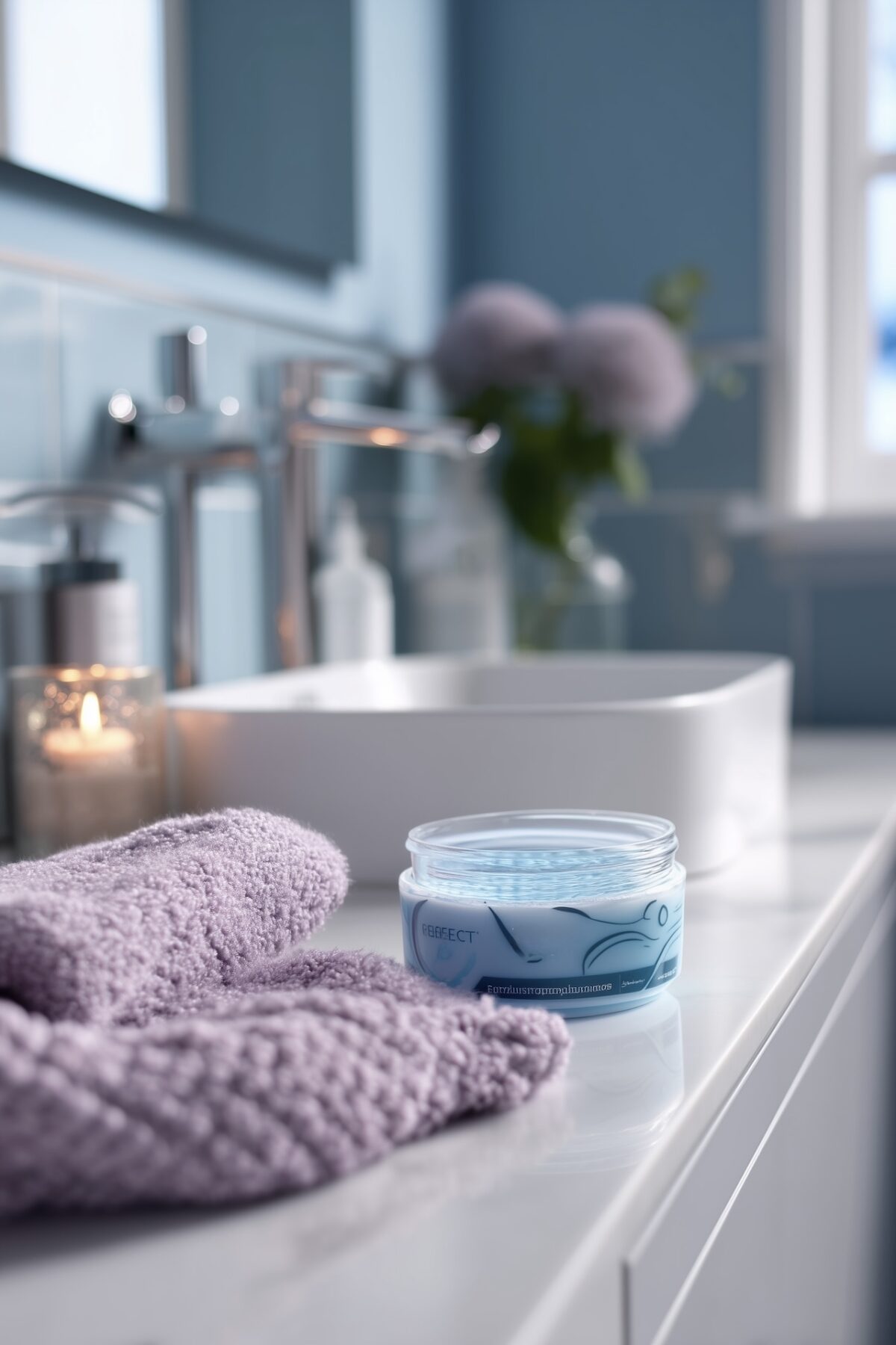 salle de bains bleu clair violet lumineuse