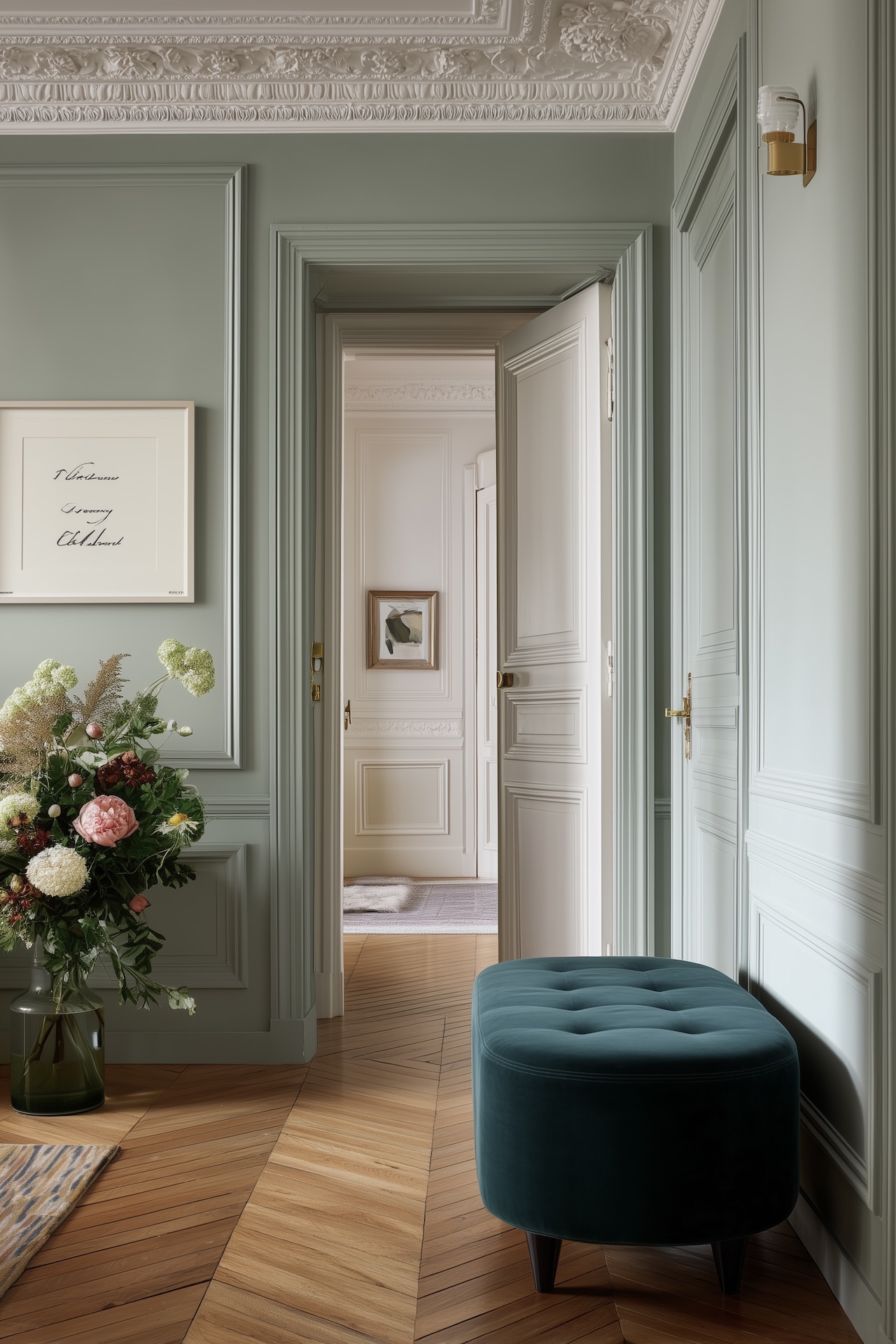 salon parisien peinture vert amande mat moulures brillantes