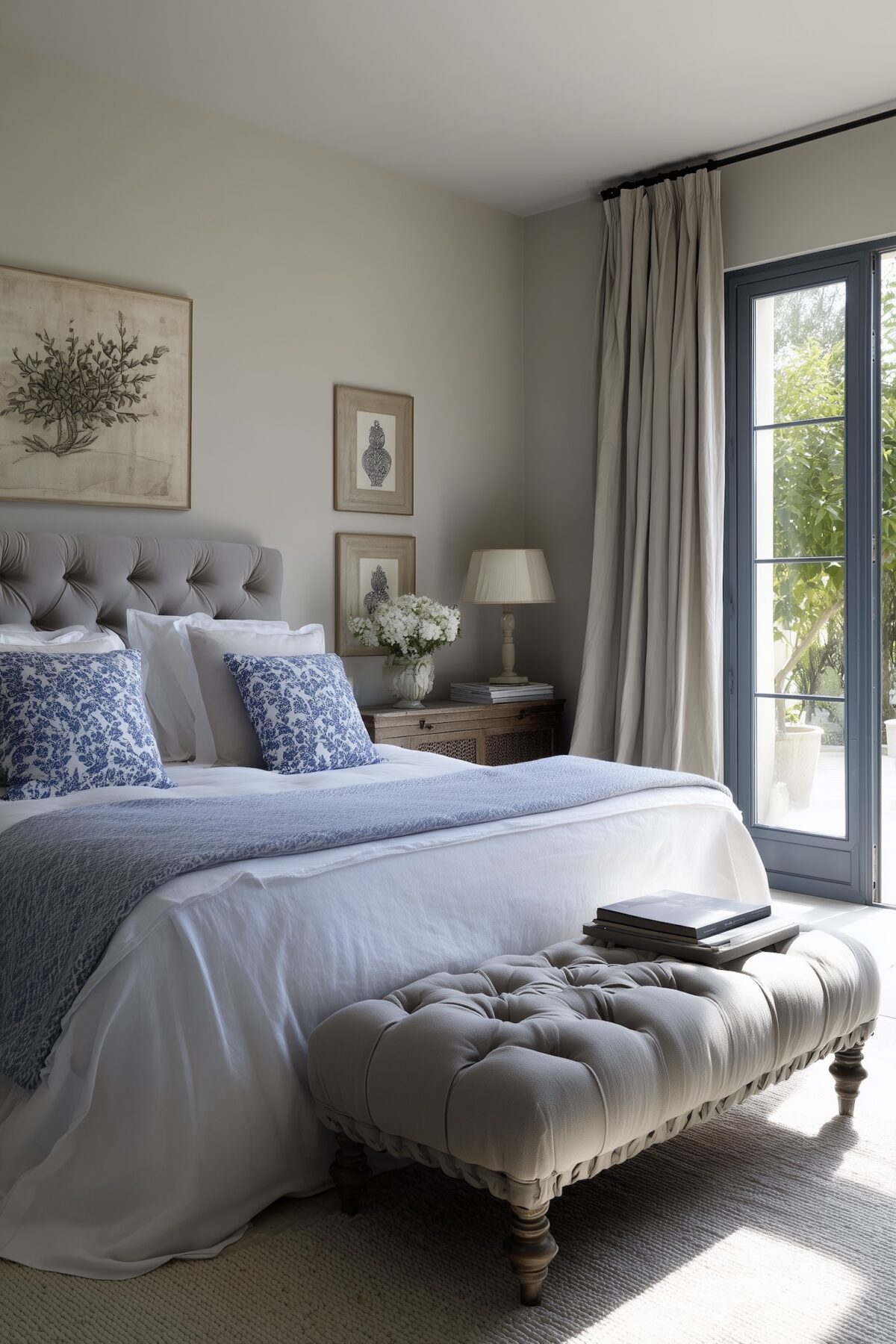 chambre cottage taupe blanc bleu lavande