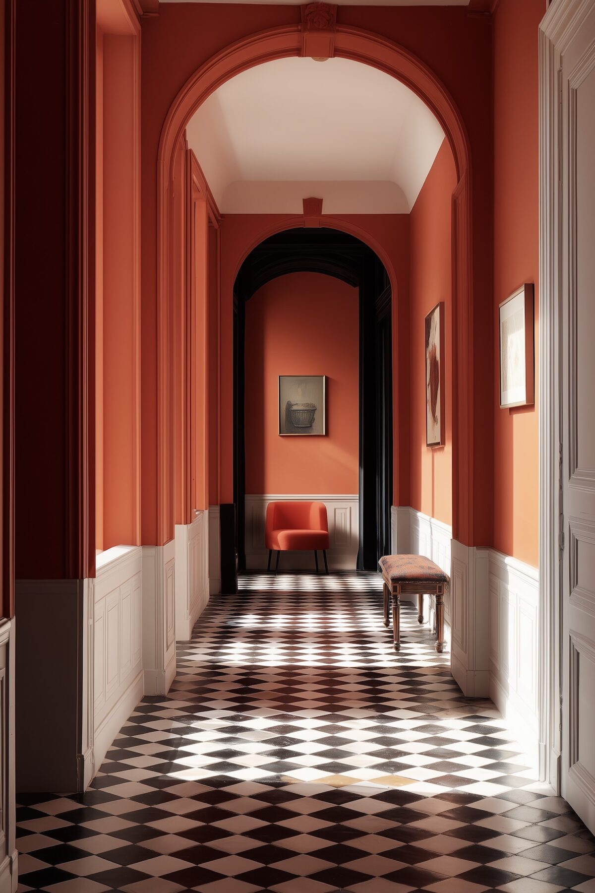 couloir orange sol damier losange noir blanc