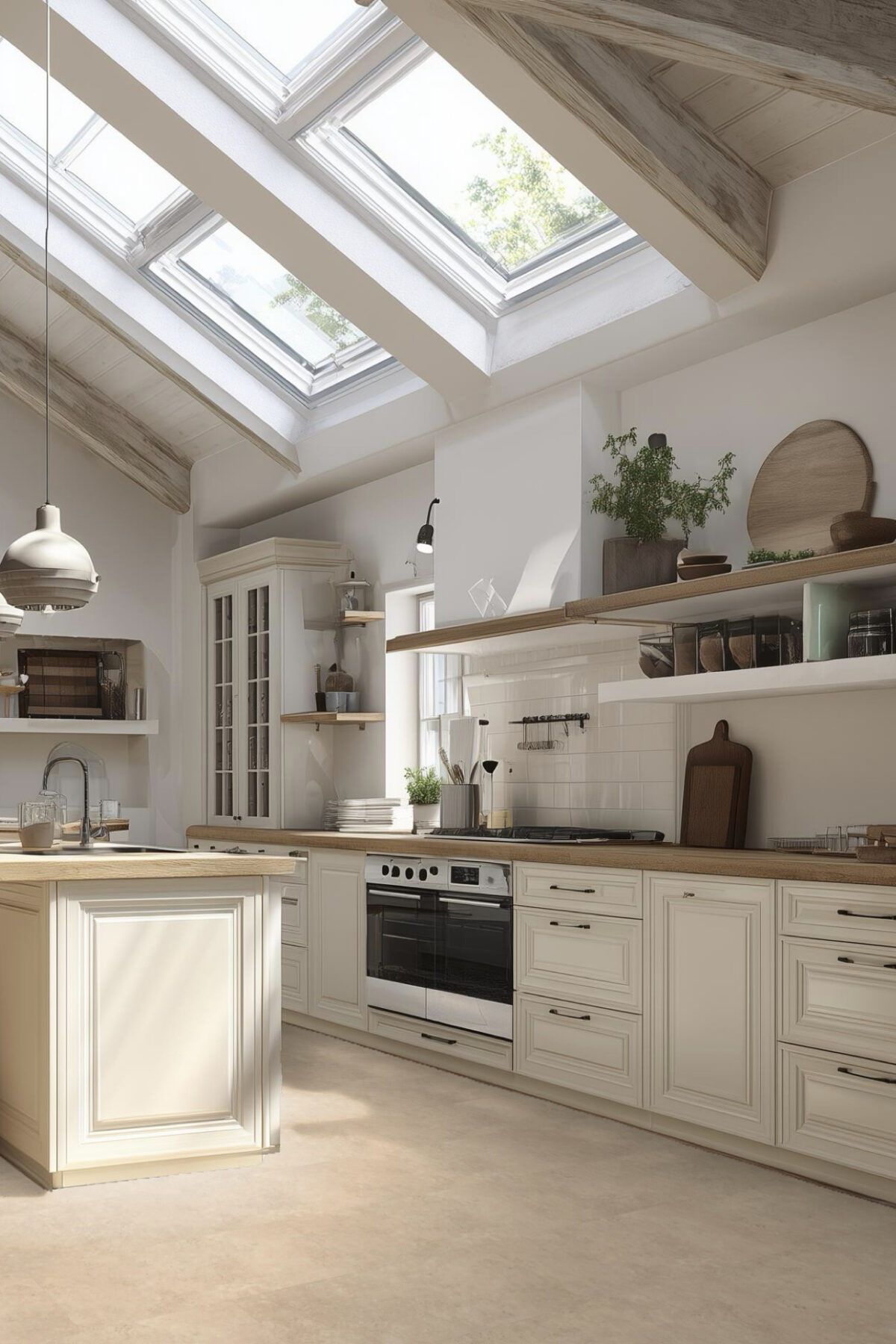 cuisine maison campagne poutres apparentes peinture beige