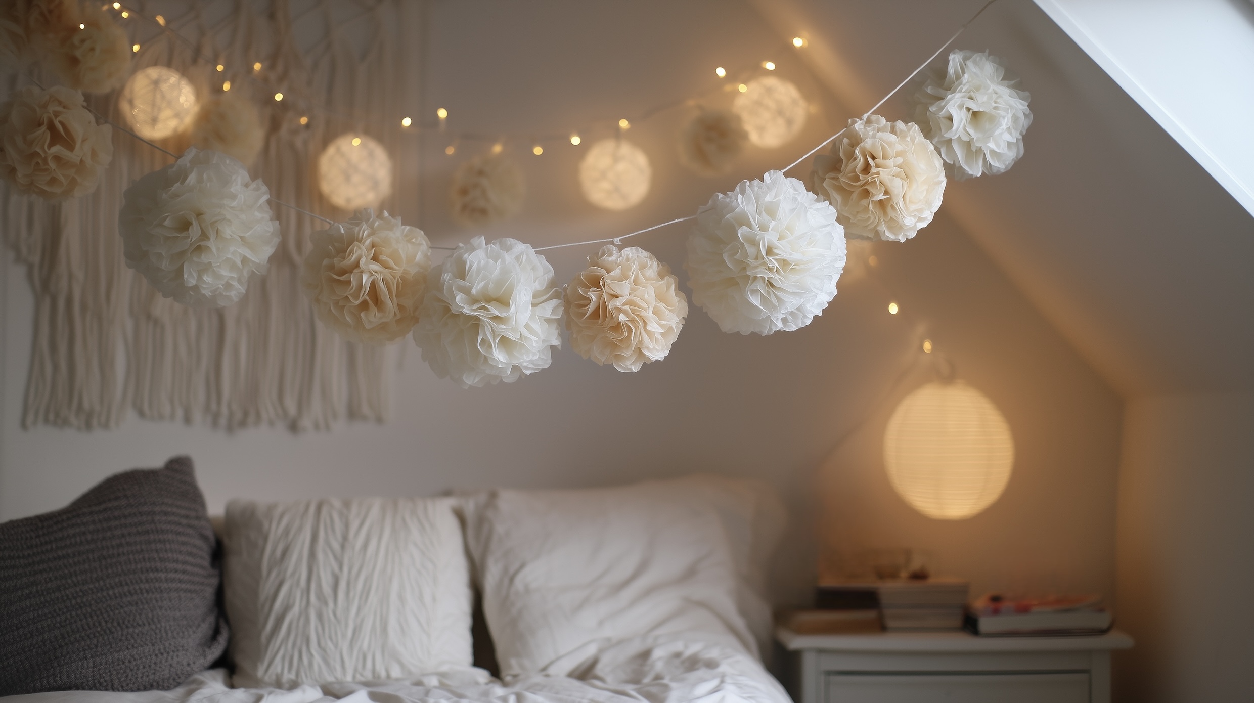 Ghirlanda In Tessuto 2,6m Con Bandierine E Pompon, Doppio Lato, Colori Pastello Per Cameretta Bimba, Baby Shower, Decorazione Fai Da Te