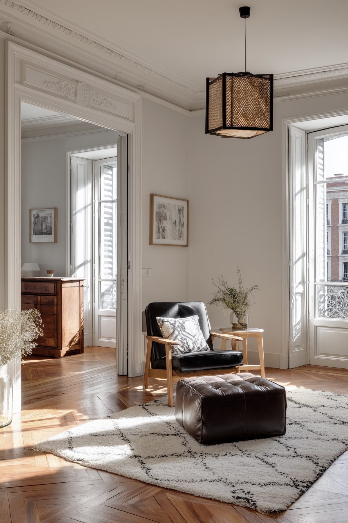 intérieur salon immeuble briques roses moulures