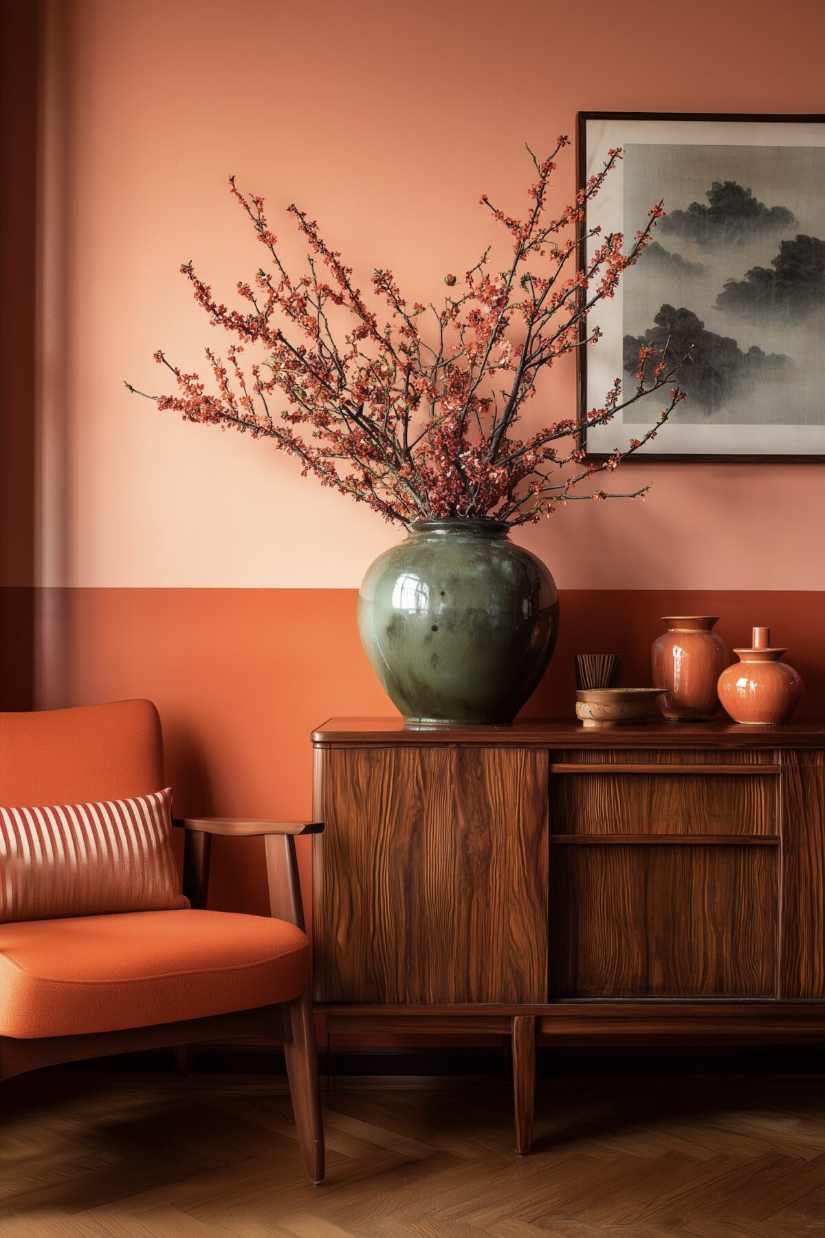 mur bicolore soubassement camaieux rouge corail