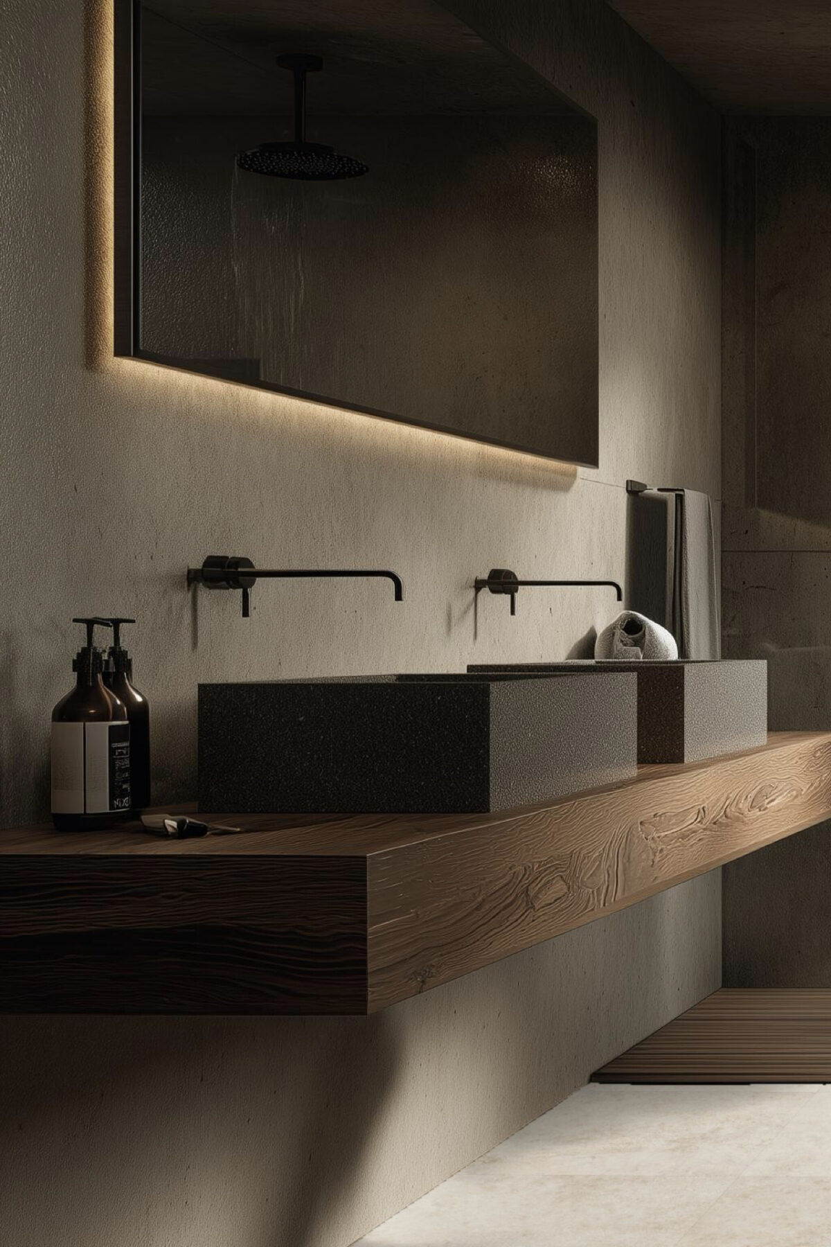 salle de bains mur effet pierre meuble planche bois