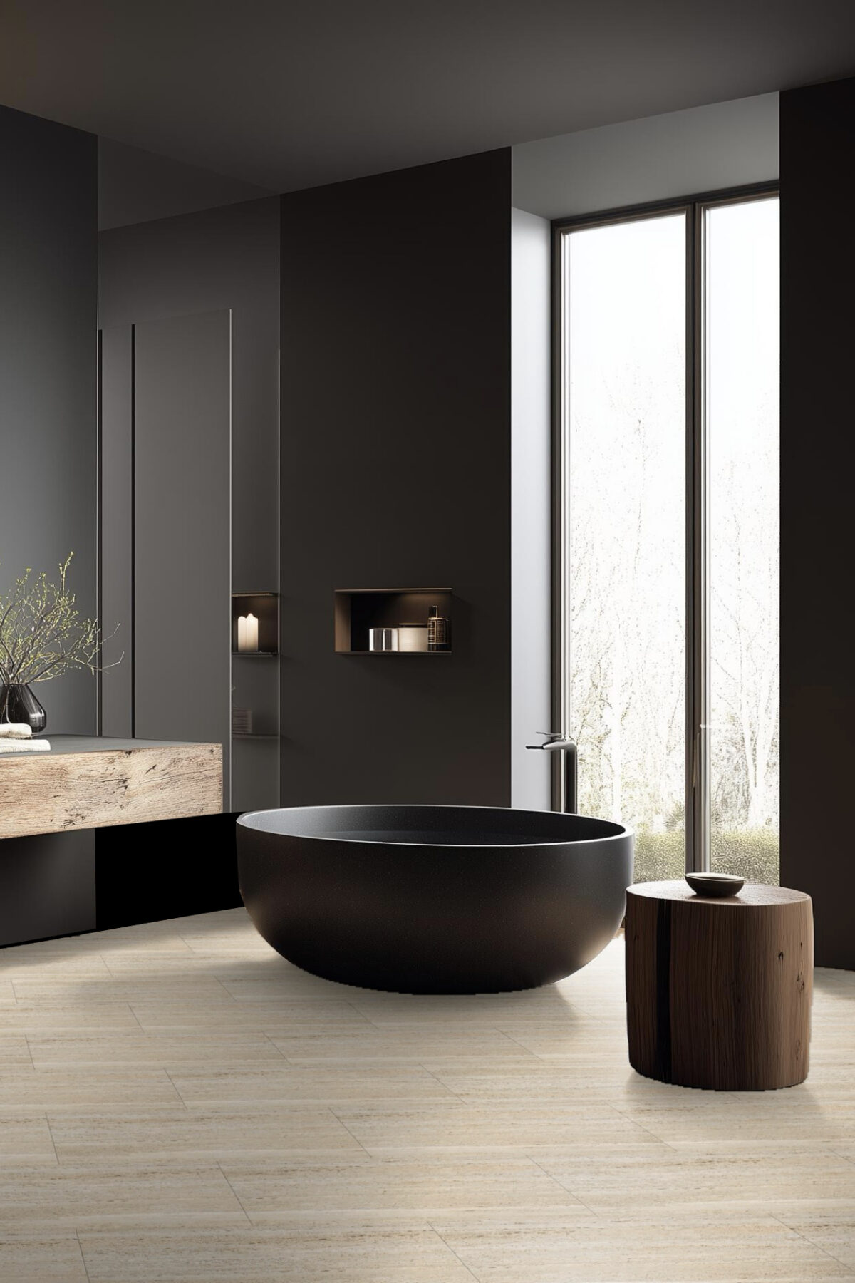 salle de bains noir mat baignoire beige