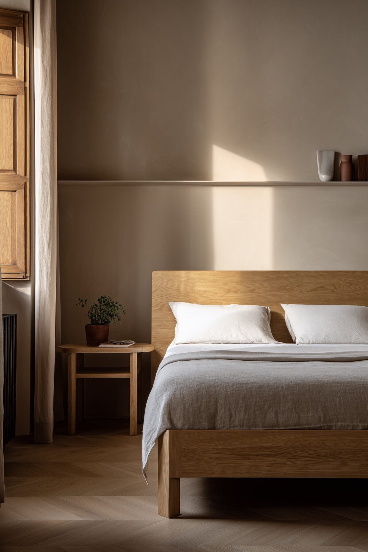 lit bois massif chambre naturelle mur beige