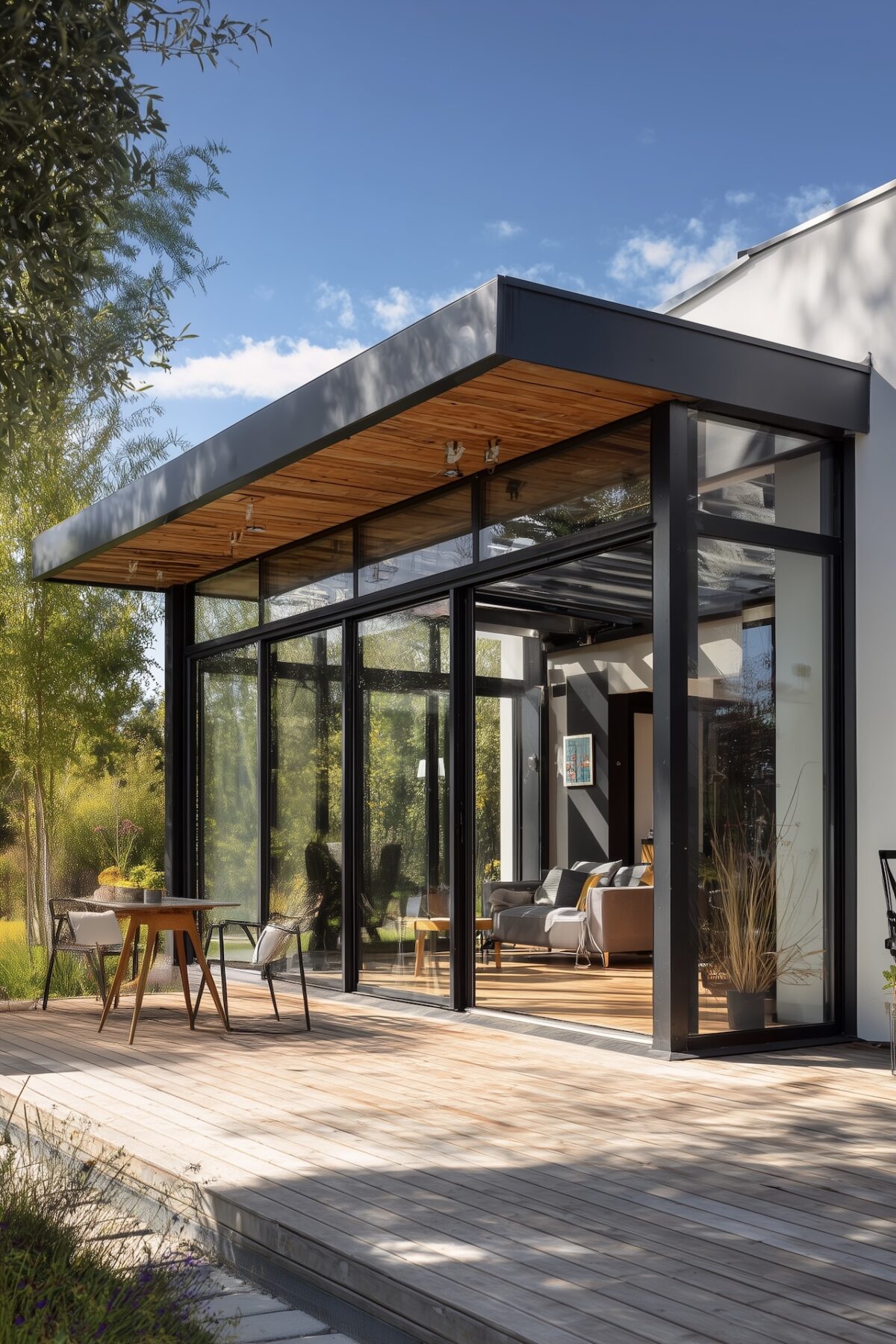 maison moderne terrasse avec avancée verre atelier