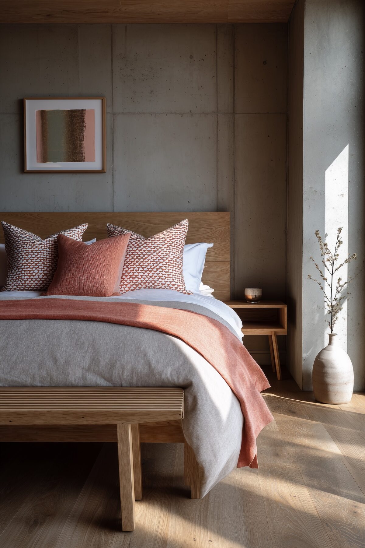 mur béton lit bois massif chêne drap rose